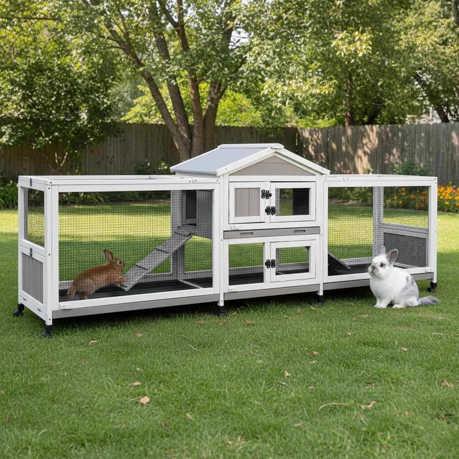 93” Large Rabbit Hutch Outdoor with Run, Wooden Expandable 2 Story Bunny House Rabbit Cage Indoor with 8 Wheels, Waterproof Roof, 4 Pull Out Trays, Guinea Pig Cage for Small to Medium Pets
