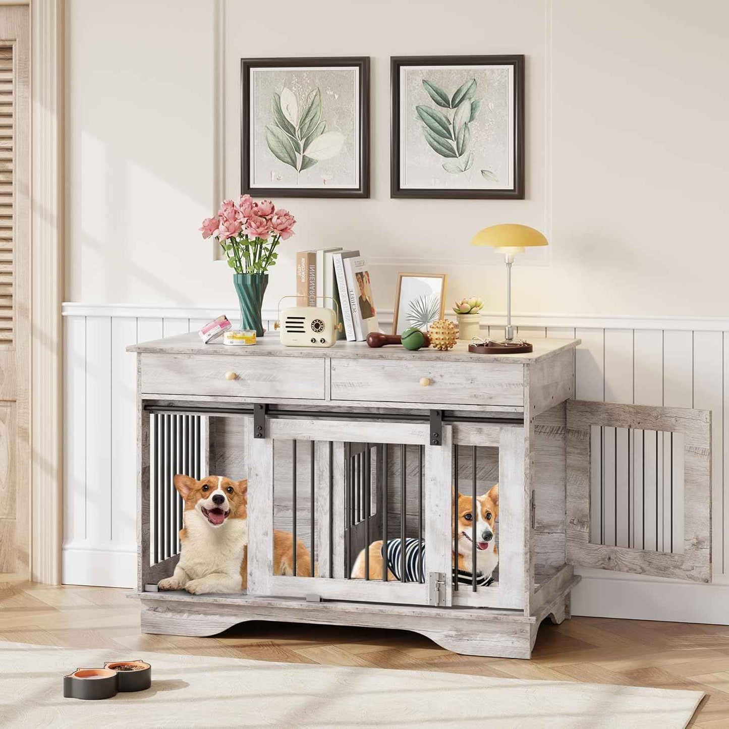 Dog Crate Furniture for 2 Dogs, 47" Double Dog Kennel with Removable Divider and 2 Drawers, Decorative TV Stand Side Table, Indoor Pet Cage for Large/Medium/Small Dogs New Grey