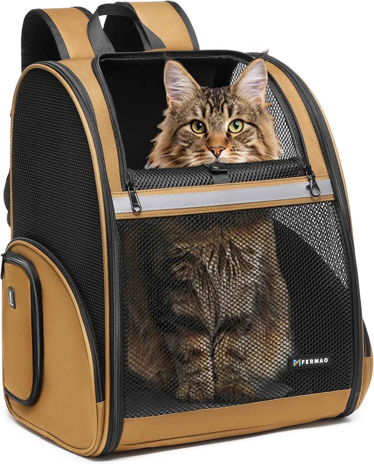 Pet Backpack Carrier, Large Cat Carrier Backpack Up to 20 Lbs with Breathable Mesh, for Medium Large Cats or Small Dogs, Travel Hiking Camping Backpack (Brown-XL)