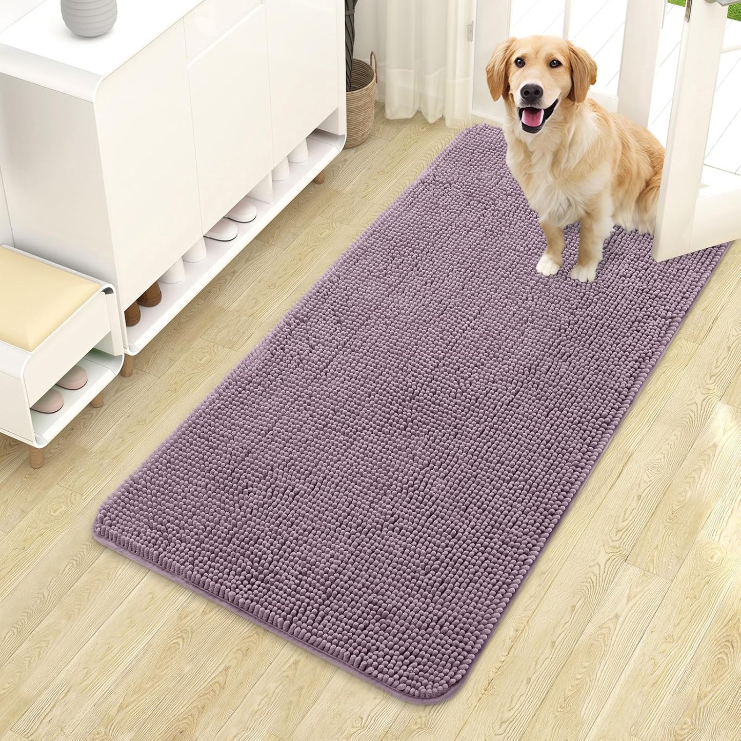 OLANLY Dog Door Mat for Muddy Paws 44x24, Absorbs Moisture and Dirt, Absorbent Non-Slip Washable Doormat, Quick Dry Chenille Mud Mat for Dogs, Entry Indoor Entryway Carpet for Inside Floor, Deep Plum
