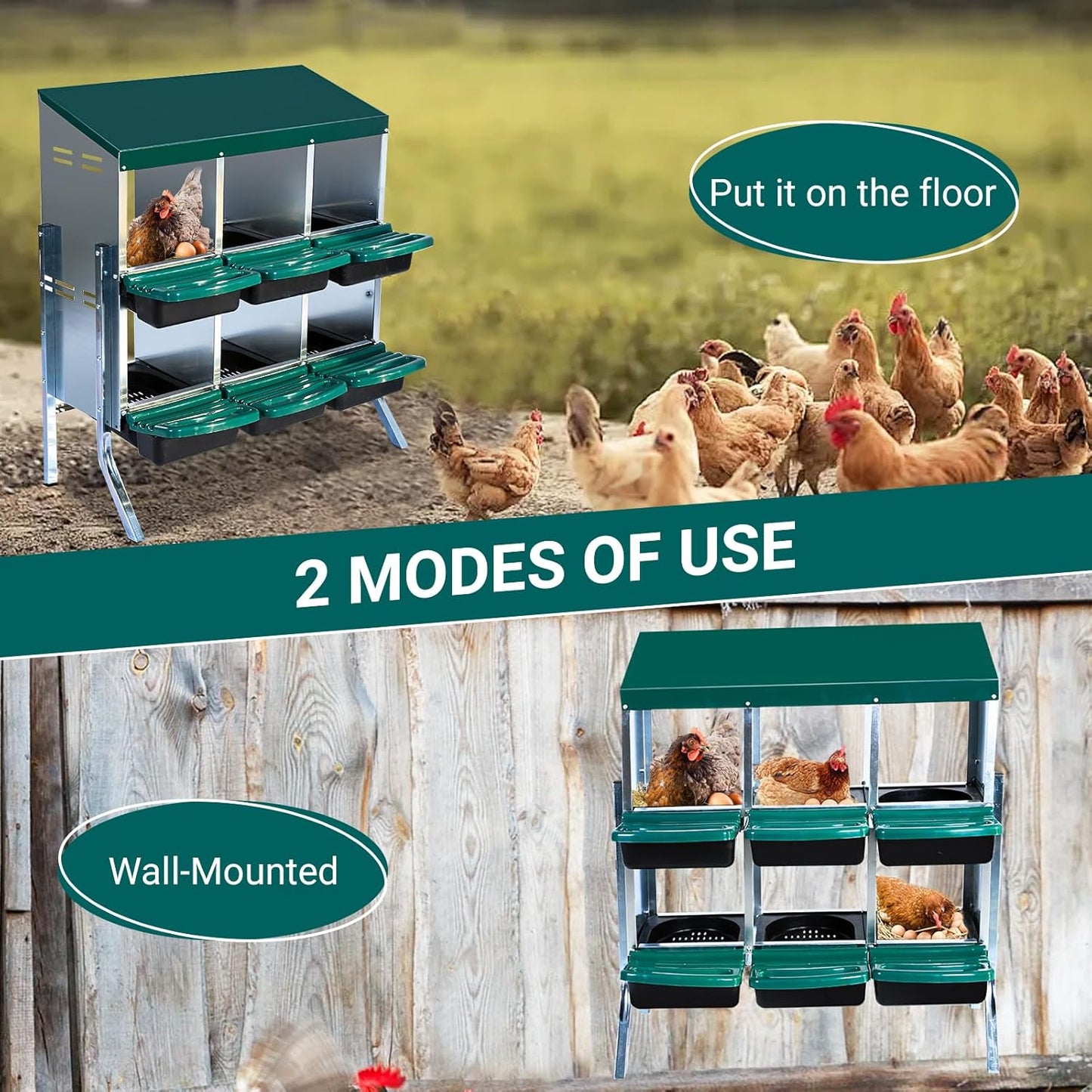Garvee Chicken Nesting Boxes, 6 Hole Metal Chicken Laying Box with Removable Trays and Roll Out Egg Collection for Chicken Coop, Green, with Metal Legs