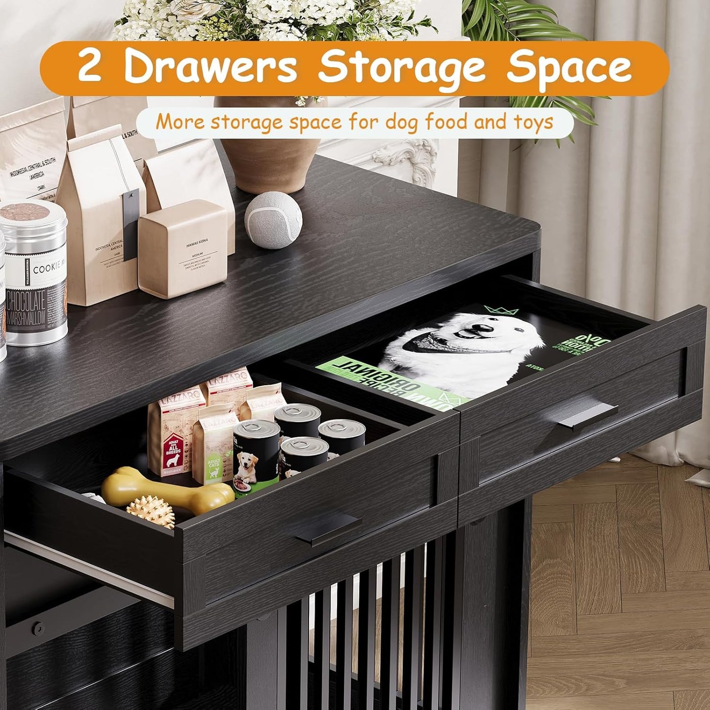 44.5" Large Dog Crate Furniture with 2 Storage Drawers,Heavy Duty Wooden Pet Kennel with Sliding Barn Door & Hook,Dog Kennel End Table TV Stand,Farmhouse Style Dog Crates for Medium/Large Dogs,Black