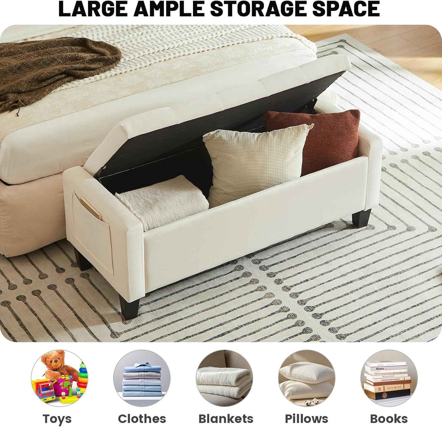 Velvet Storage Ottoman Bench for Bedroom, End of Bed Bench with Button, Side Storage Pockets, Organizer Storage Chest, Upholstered Foot Rest, Load up to 400 lb, for Living Room, Entryway, Beige