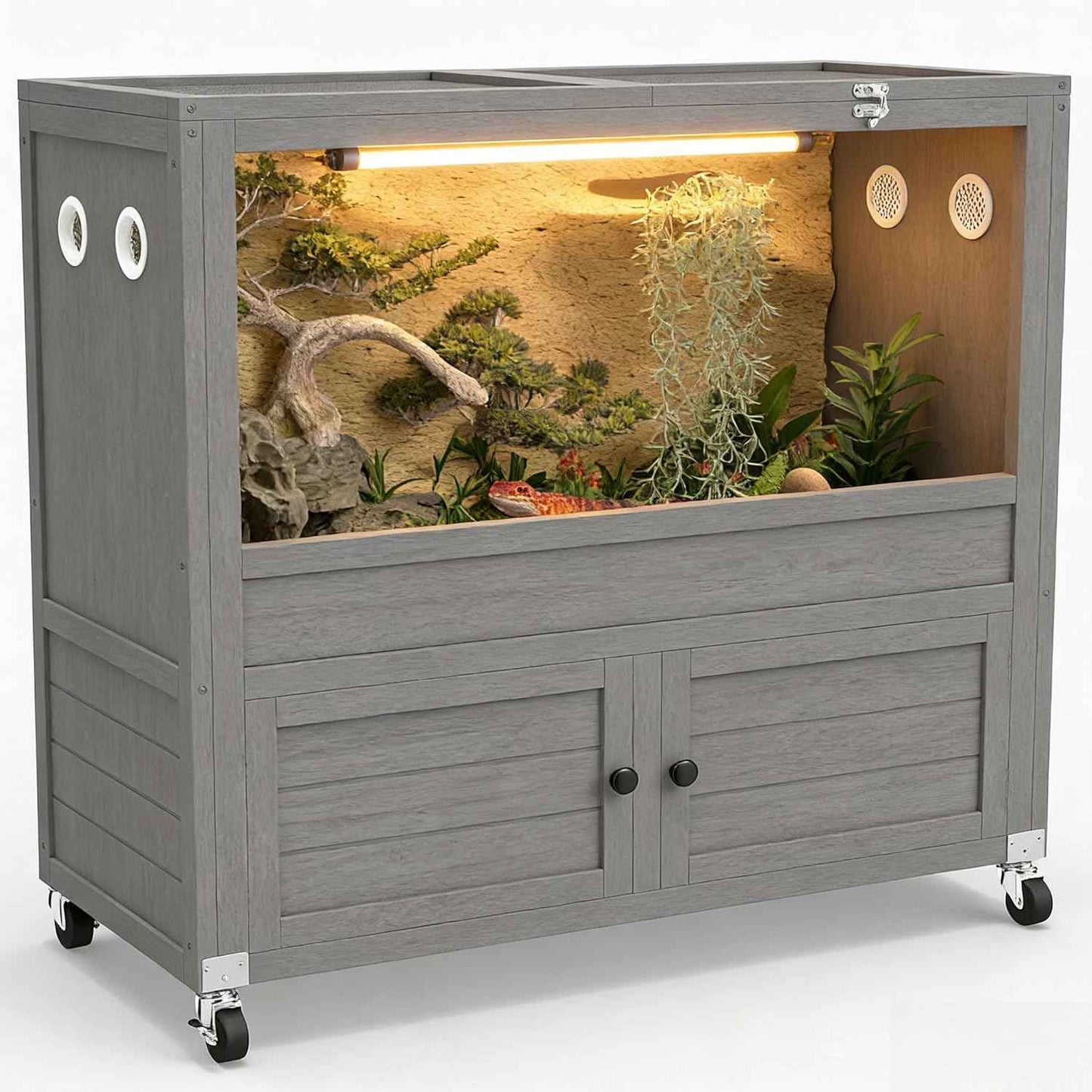COCO DESIGN 45 Gallon Reptile Tank, Bearded Dragon Tank Reptile Enclosure with Mesh Top Fron, Integrated Sliding Lockable Doors with Storage Cabinet Large Habitat for Snake Tank Lizard Turtle