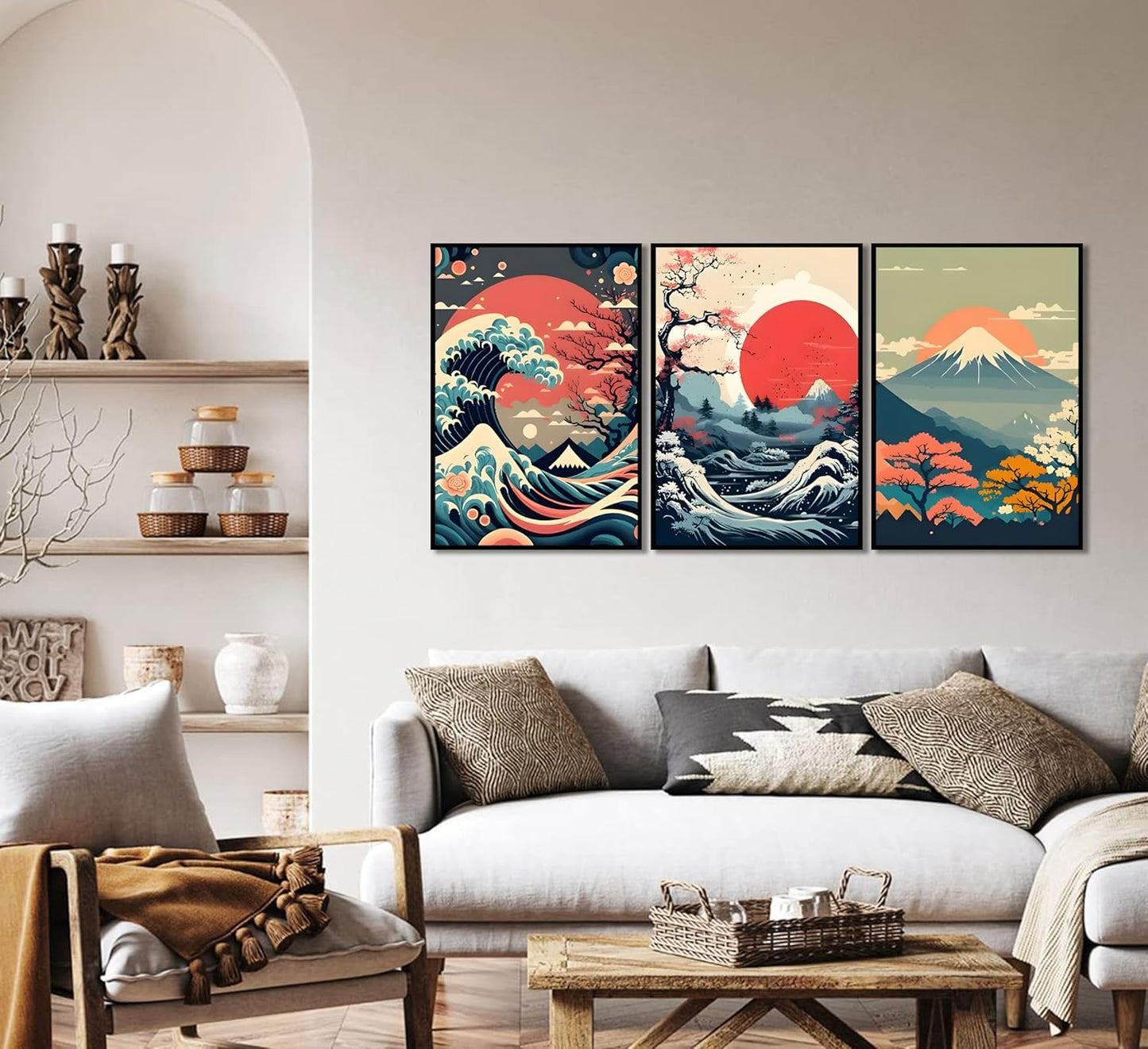 HOYXHKMT 3Pcs Japanese Wall Art Japanese Fuji Wall Decor Asian Nature Landscape Posters Pictures Kanagawa Giant Wave Canvas Prints Cherry Blossom Lake Painting for Living Room Bedroom Office Unframed