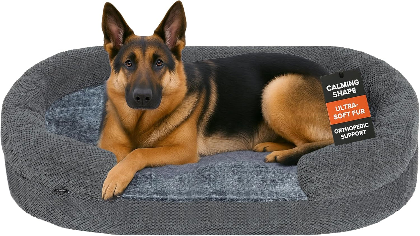 Orthopedic Dog Bed for Extra Large Dogs, Extra-Thick 3.6" Foam Fluffy Fur Sofa with Comfortable Sides, Soft and Big Dog Couch Bed with Washable Removable Cover and Non-Slip Oval Bottom, Grey