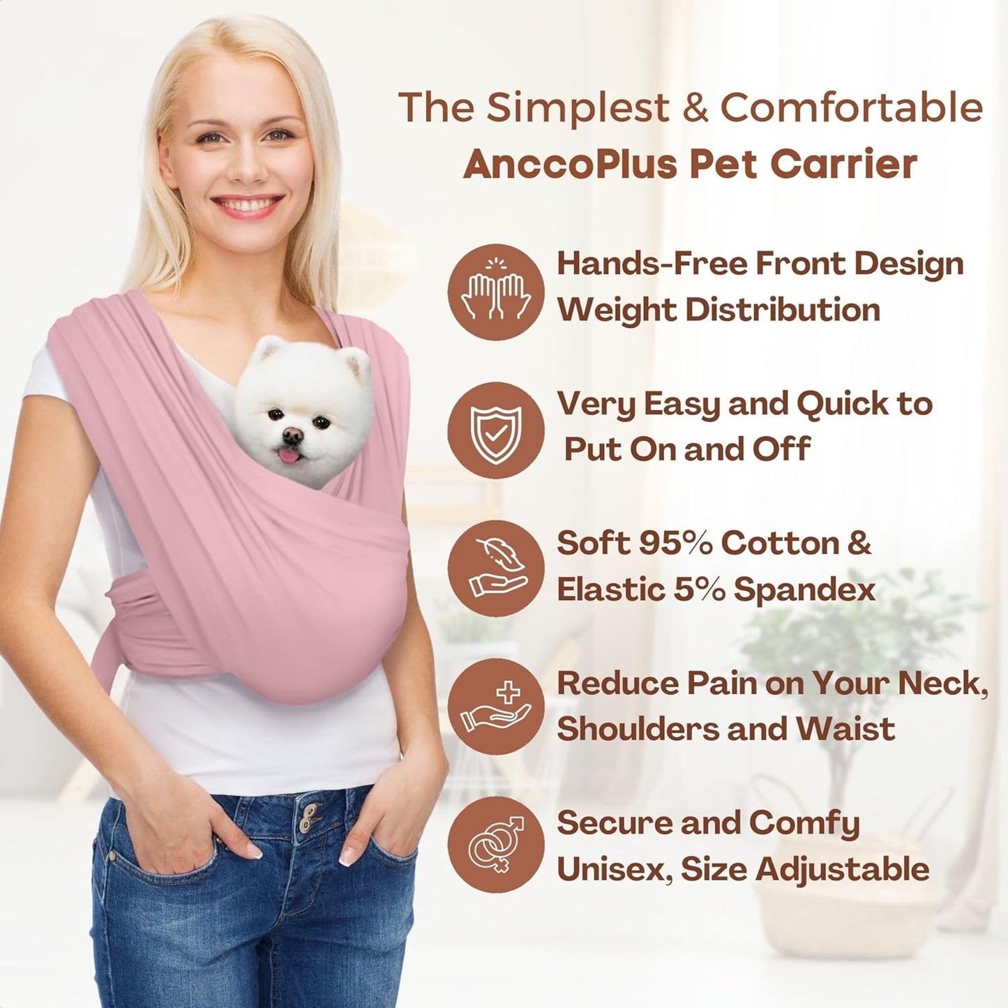 Dog Carriers for Small Dogs, Front Facing Dog Sling Carrier, Hands Free Cat Carrier, Size Adjustable, Reducing Back Pain, Premium Cotton, Safe and Soft Dog Carrier (Plus, Light Pink)