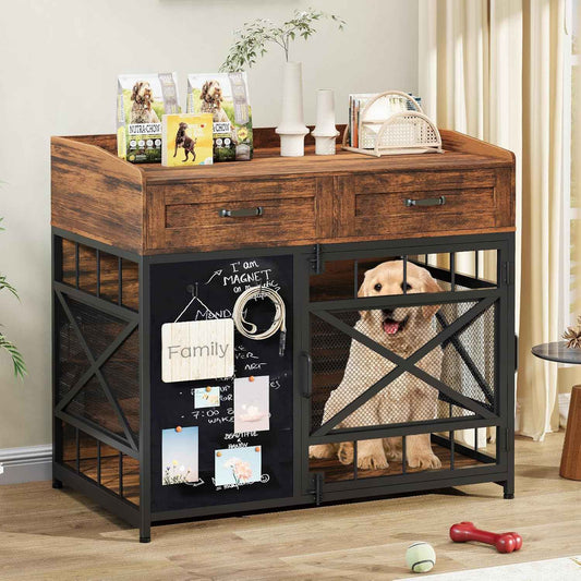 Halitaa Dog Crate Furniture, Dog Kennel Indoor Furniture with Rotating Wheels and Blackboard, Wooden Pet Cage End Table with Storage Drawers and Adjustable Foot Pads for Small Medium Large Dogs