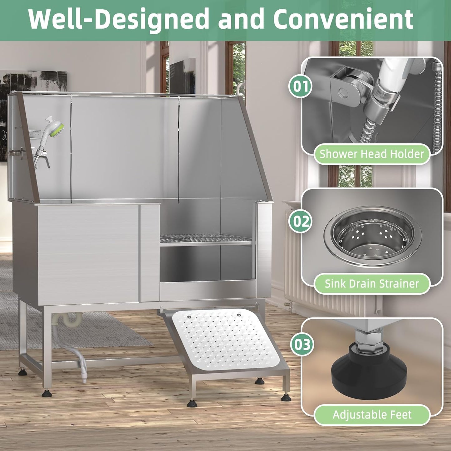 Professional Stainless Steel Dog Washing Station for Large, Medium, and Small Dogs, Height Adjustable Dog Bathtub with Ramp, Pet Grooming Bath Tub for Indoor Outdoor, Right Door