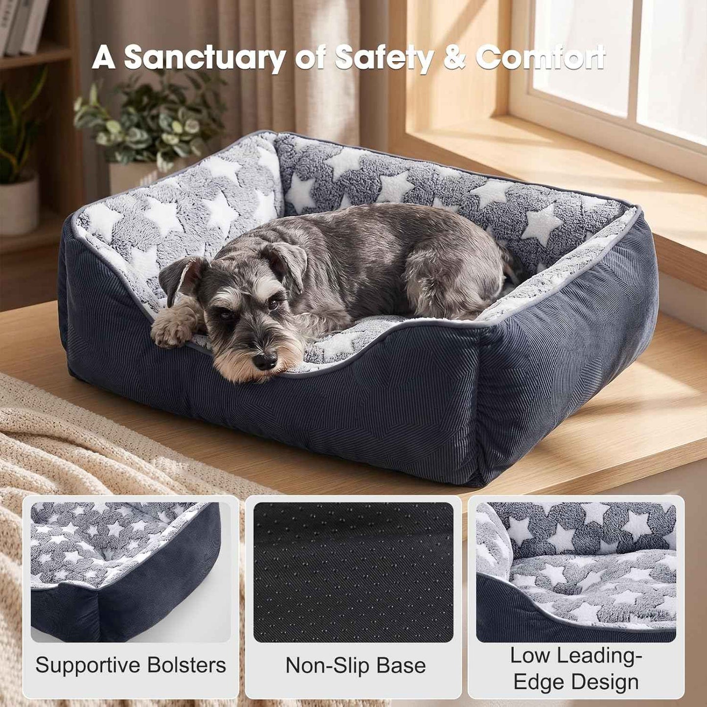 GASUR Small Dog Beds Small Size Dogs, Rectangle Washable Dog Bed, Orthopedic Dogs Sofa Bed, Pet Cuddler Anti-Slip Bottom, Soft Calming Sleeping Warming Puppy Bed (S (20"x 19"x 6"), Black)