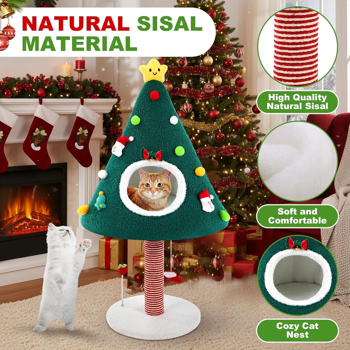 Dansydaisy 36.6 Inch Christmas Cat Tower with Cat Scratching Post and Green House Scratcher Tall Tree Tower Nature Sisal Christmas Tree Scratcher Activity Center Play Condo for Indoor