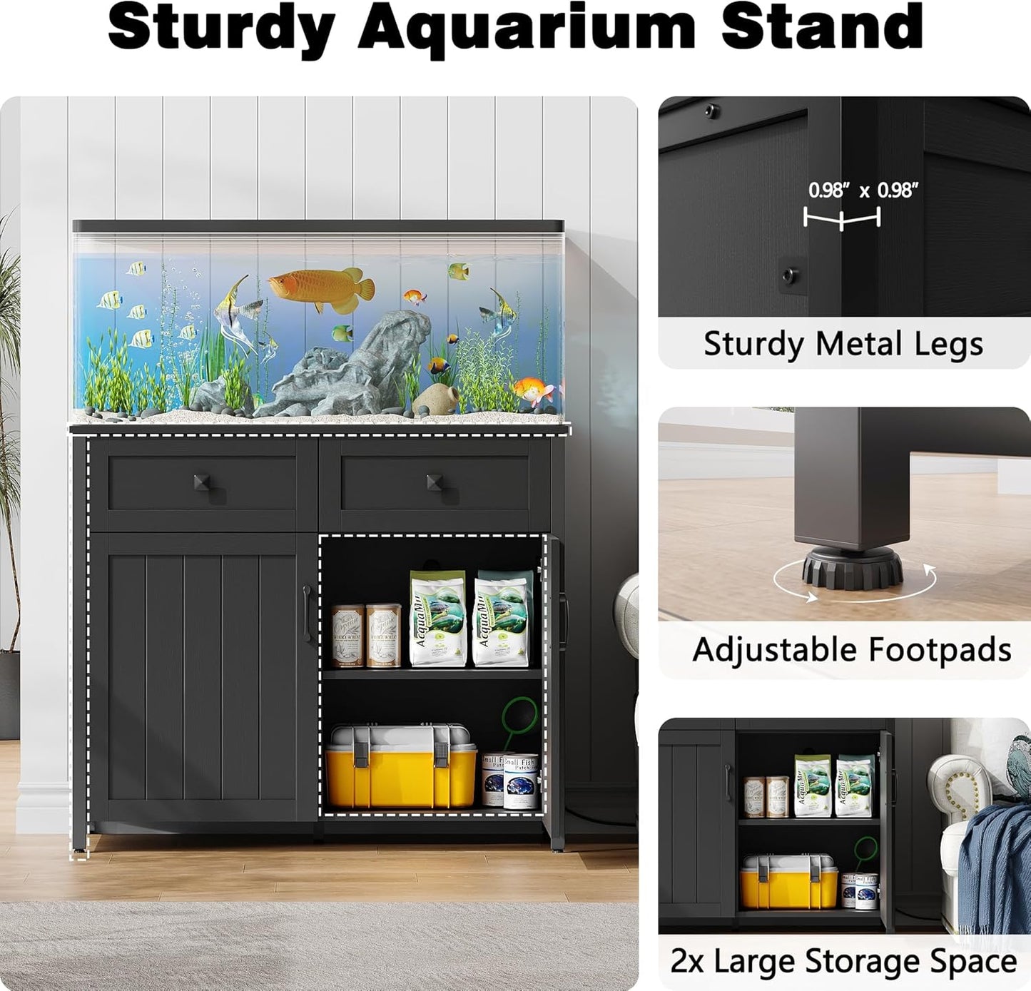 40-50 Gallon Aquarium Stand with Power Outlets, Cabinet for Fish Tank Accessories Storage, Heavy Duty Metal Fish Tank Stand Suitable for Turtle Tank, Reptile Terrarium, 660LBS Capacity, Black
