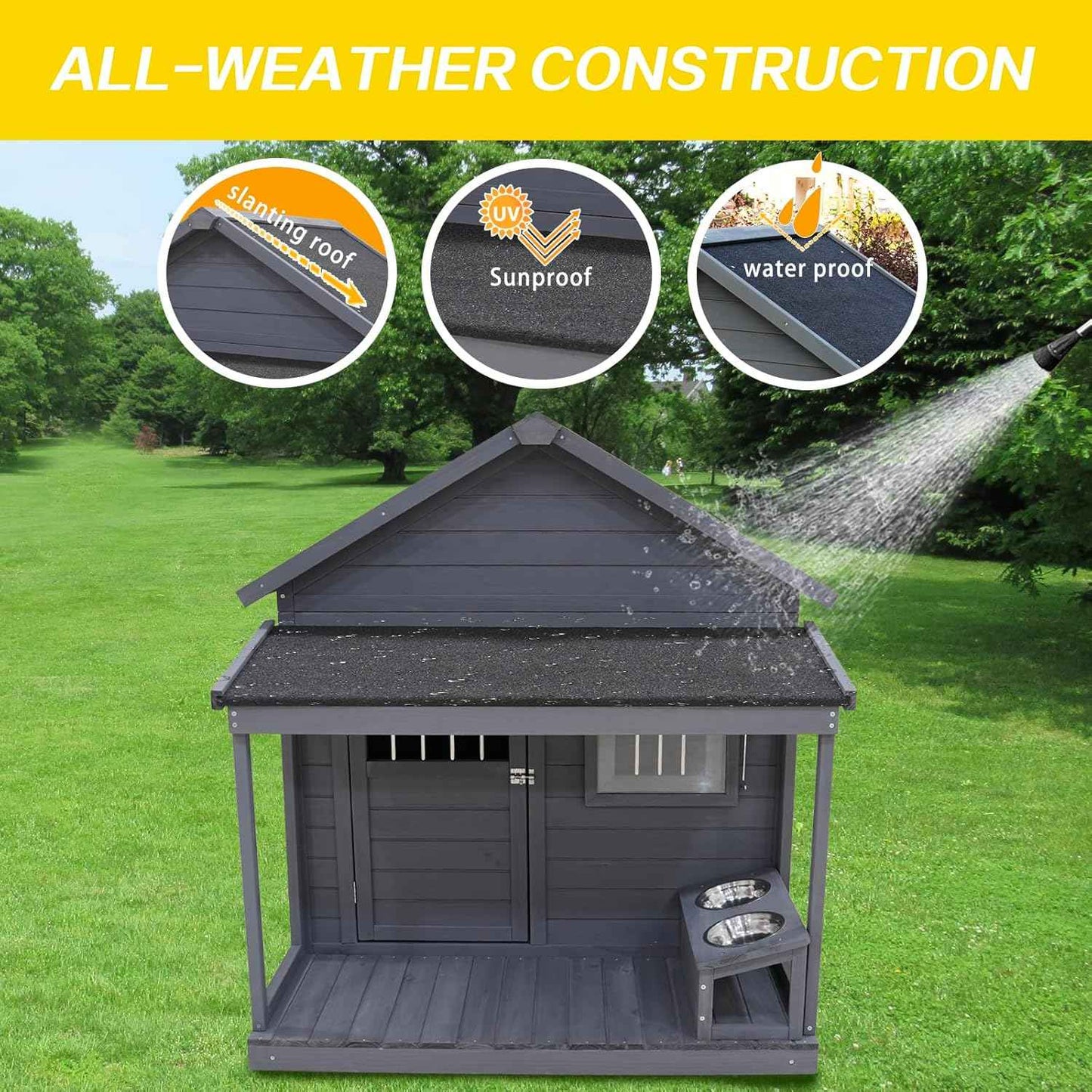 Large Outdoor Dog House, 44.2 x 44.6 x 44.6 inches, Weatherproof Wood Construction with Asphalt Roof, Covered Terrace, Gray(00004)
