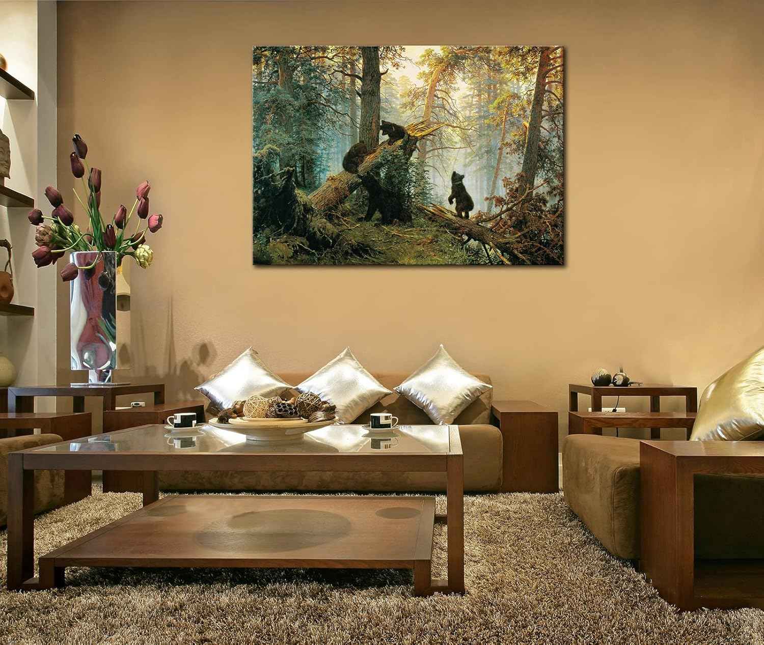 msspart Black Bears in Forest Painting Canvas Wall Art Decor, Ivan Shishkin Artwork Pictures Print for Living Room Bedroom Office Decoration 24"x36"