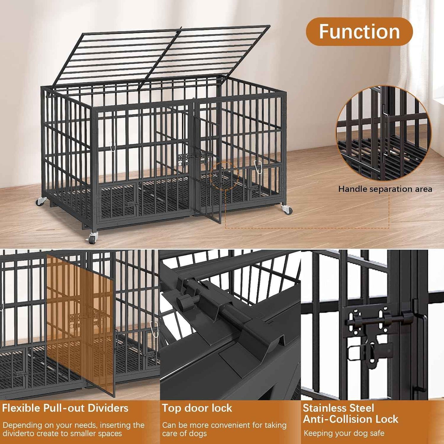 EZ4ENCE 48/42/54 inch Dog Crate Cage Kennel with Divider for 2 Dogs, Indestructible Dog Crate, Sturdy Design,Double Door and Removable Tray Medium/Large Dog Cage