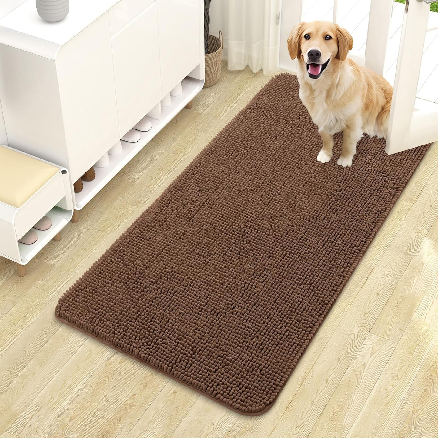 OLANLY Dog Door Mat for Muddy Paws 44x24, Absorbs Moisture and Dirt, Absorbent Non-Slip Washable Doormat, Quick Dry Chenille Mud Mat for Dogs, Entry Indoor Entryway Carpet for Inside Floor, Mocha