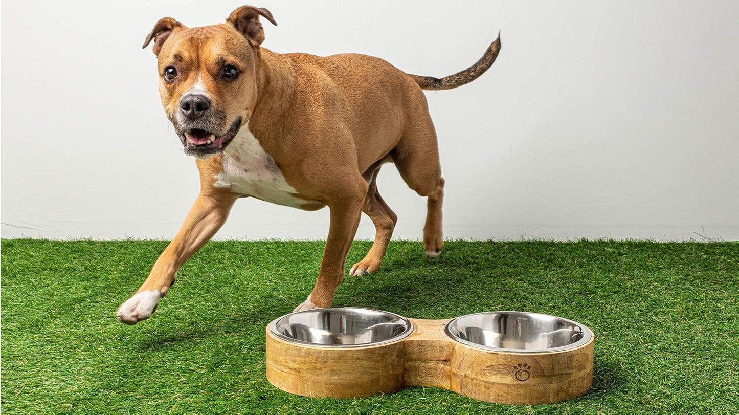Luxury Elevated Dog Bowl Set - Mango Wood Stand with 2 Stainless Steel Food & Water Bowls - Raised Pet Feeder with Non-Slip Base, Modern Design for All Dog Sizes, Large 48oz