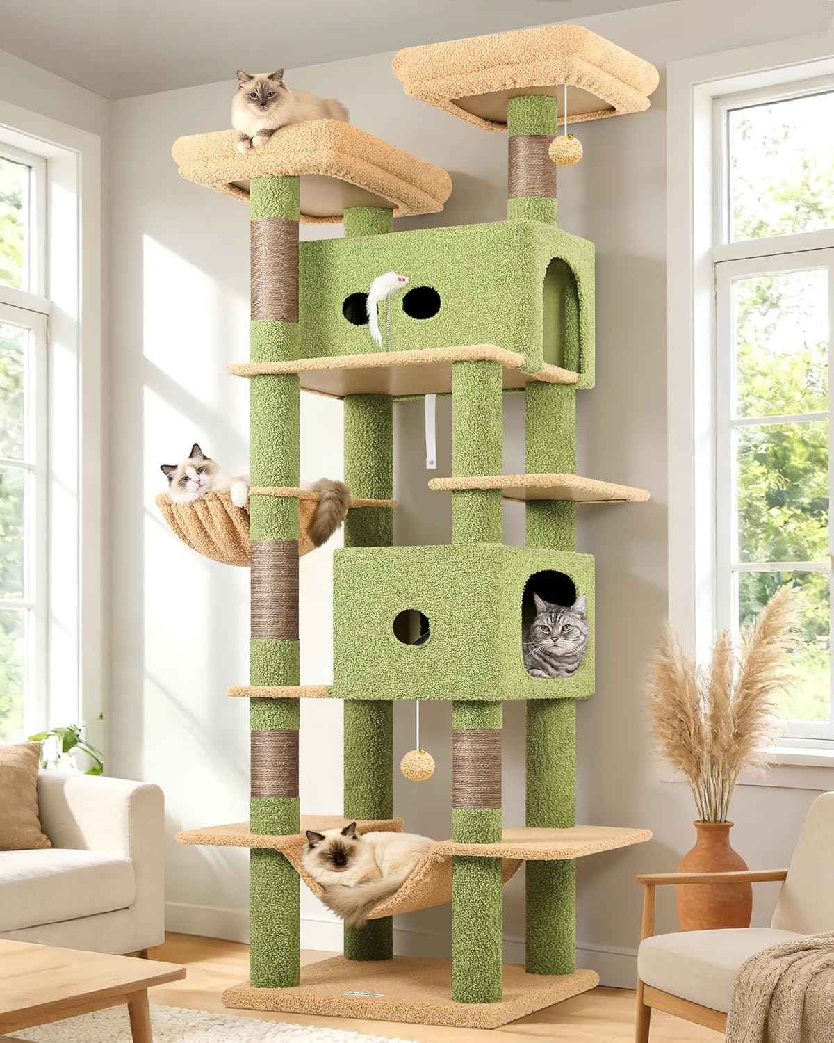 Globlazer Cactus Heavy Duty Cat Tree Tower 80in Tall Extra Large Cat Tree Tower for Multiple Indoor Cats Large Adult with Scratching Posts, 2 Spacious Condos, Padded Perches, Soft Hammock, S80B, Green