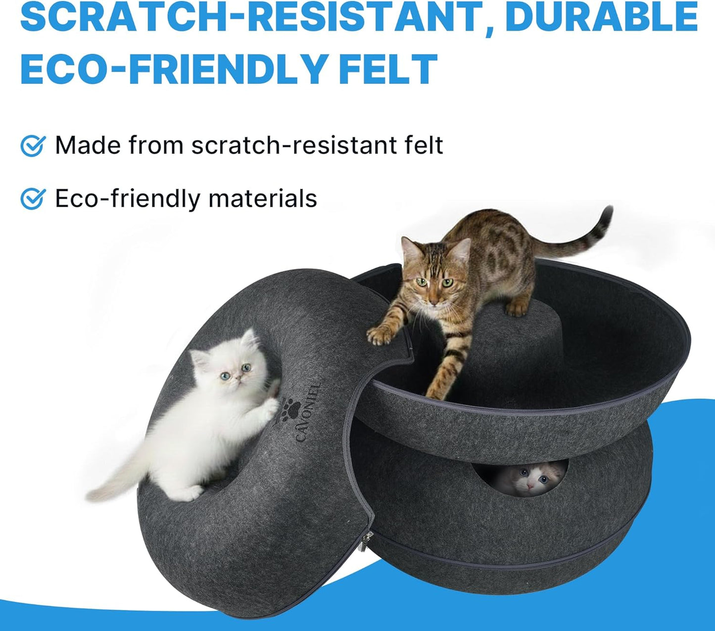 2-Level Detachable Large Cat Tunnel Bed for Indoor Cats, Scratch-Resistant Felt Donut Cat Cave, Supports Up to 30 lbs, Peekaboo Cat Tube (Dark Grey, L 24 x 24 x 22 in)