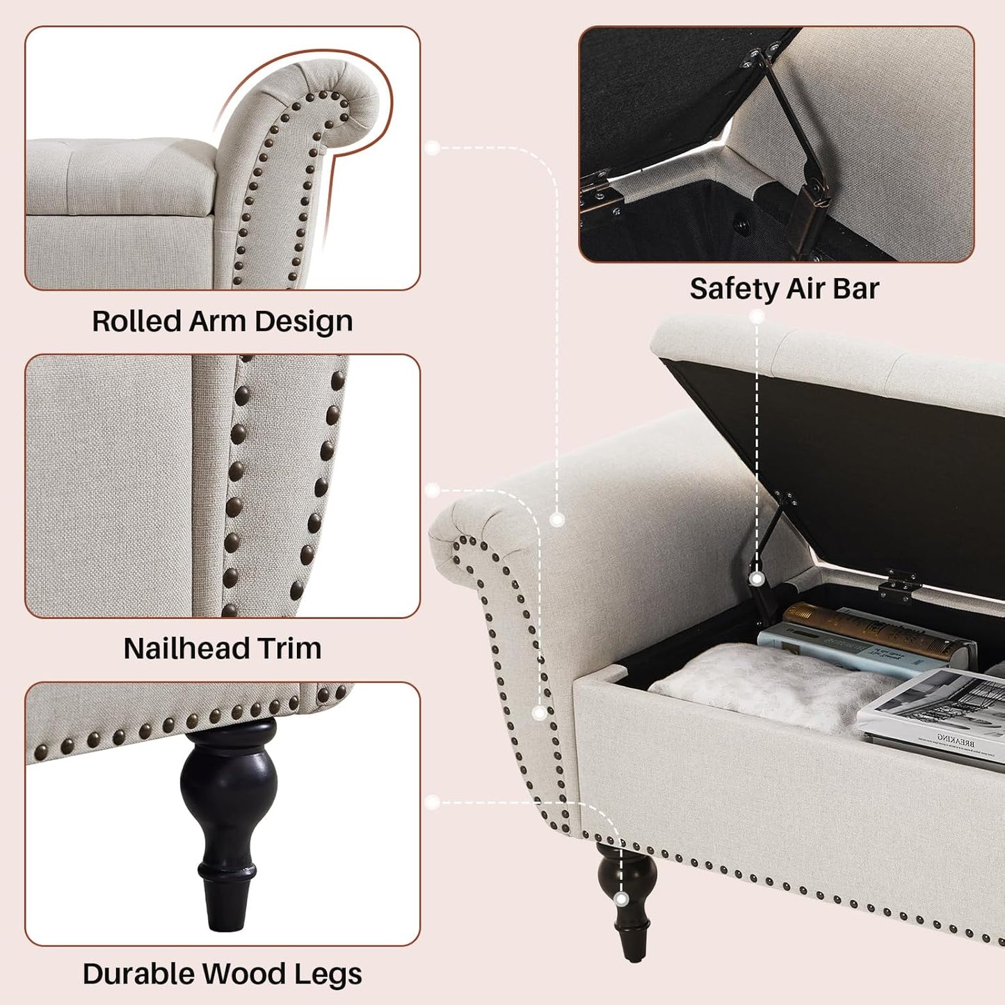 63.78" Ottoman with Storage, Storage Ottoman Bench with Safety Hinge, Upholstered Entryway Bench with Seating for Bedroom, Living Room, Holds Up to 700 Lb Beige