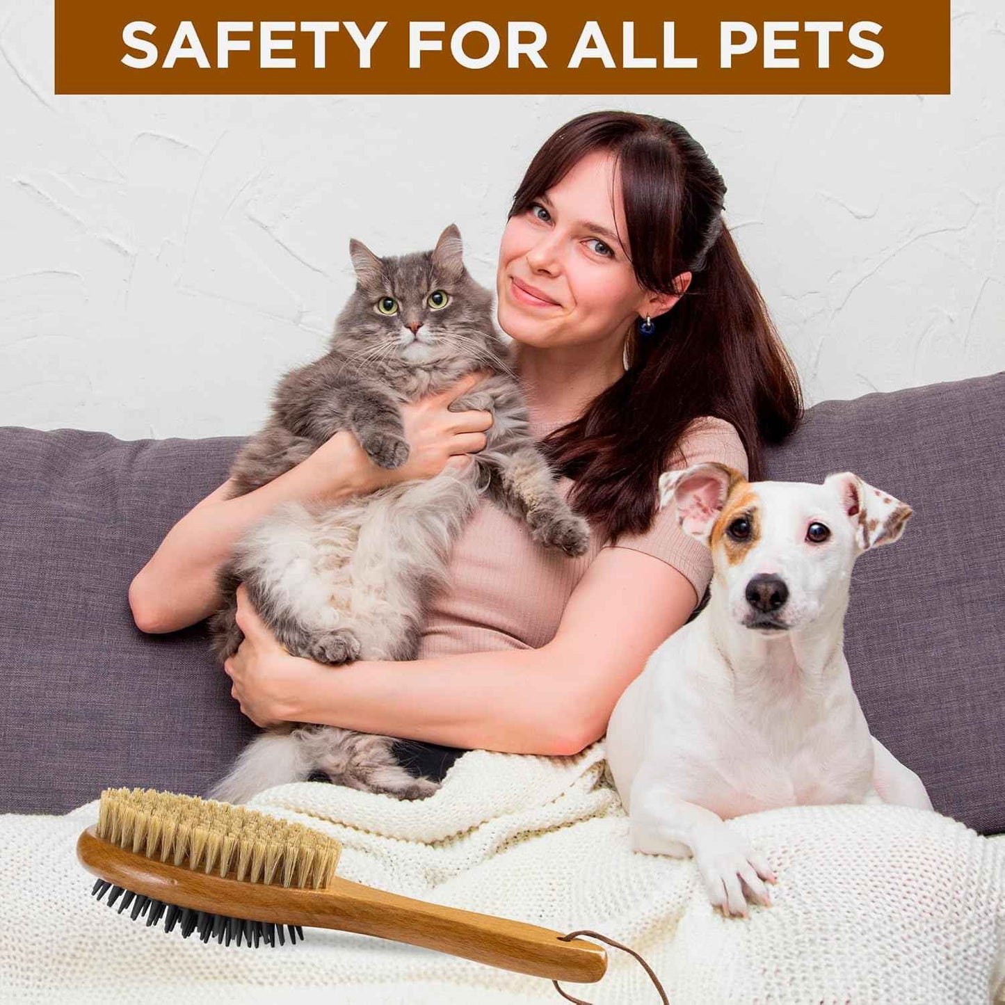 TAKAVU Short Hair Dog & Cat Deshedding Brush - Double Sided Grooming Tool with Silicone Massage & Bristle Sides - Removes Loose Fur & Dirt - Wood Handle