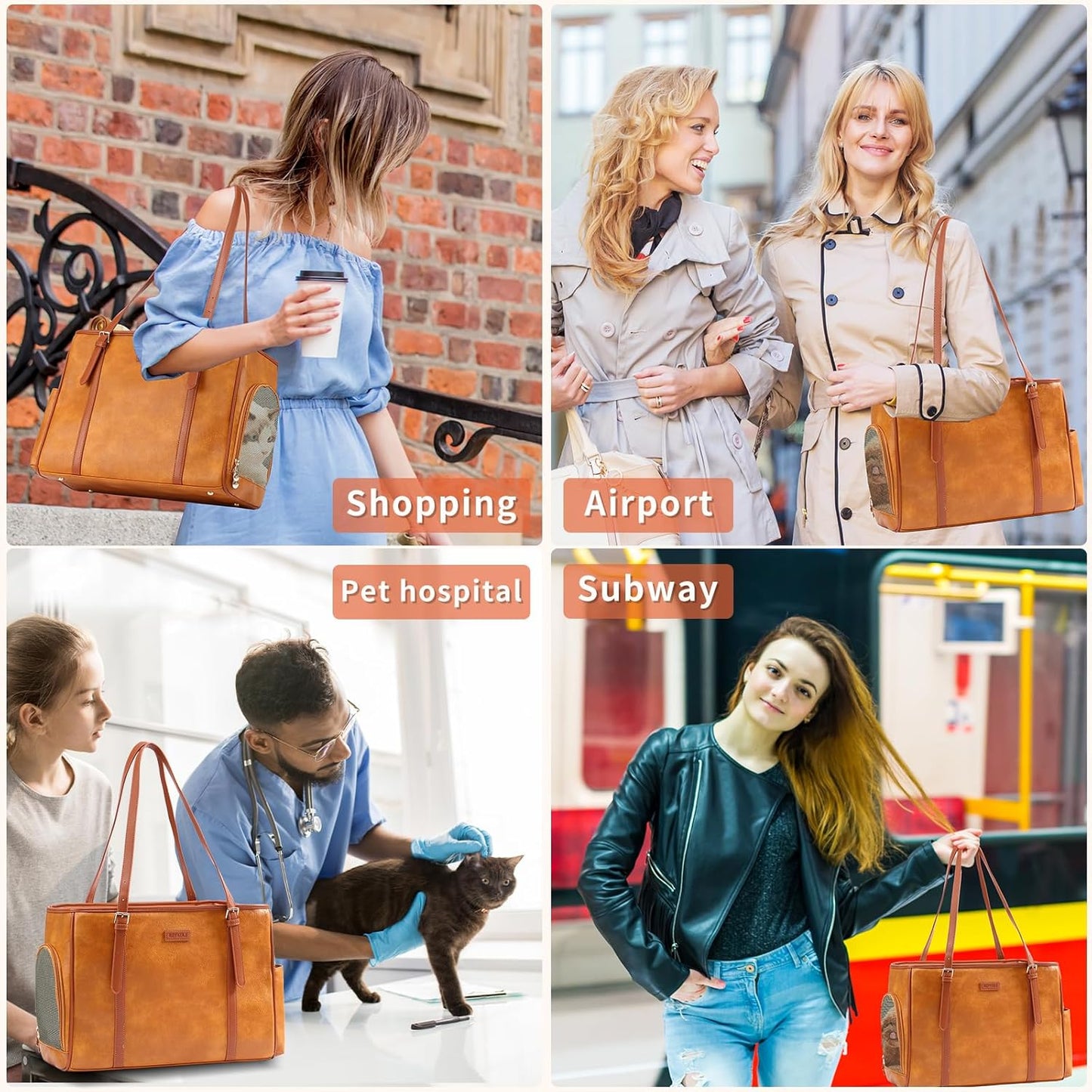 Fashion Dog Purse Pet Carrier Leather Bag for Small Dogs Cats Puppy, Portable Tote Bag Airline Approved Soft-Sided Carriers (Brown)