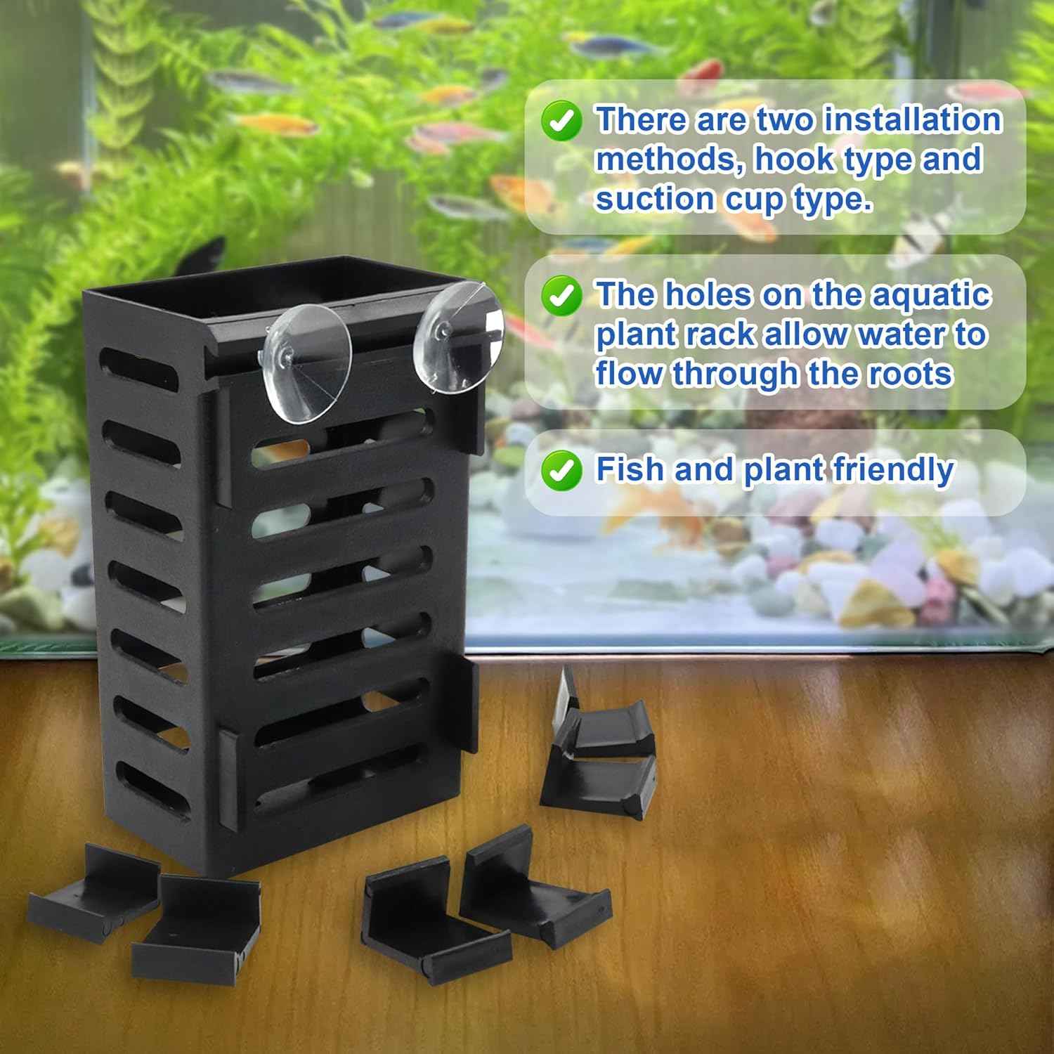 4 PCS Aquarium Plant Holder with 24 Hooks and 8 Suction Cups, Hanging Plant Holder for Fish Tank, Aquatic Plant Pots for Aquarium Decorations Plants, Hanging Aquatic Planter Cups (Black)