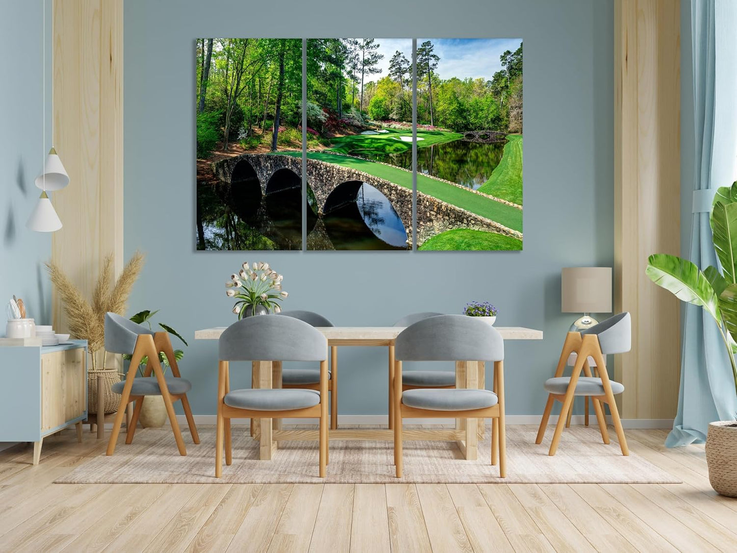 Nature Wall Art Prints - Ocean Forest Mountain Lake Canvas Landscapes - Small to Extra Large Living Room Bedroom Kitchen Bathroom Décor (Golf Course with Stone Bridge, 31L" x 47W" - 3 Panels)
