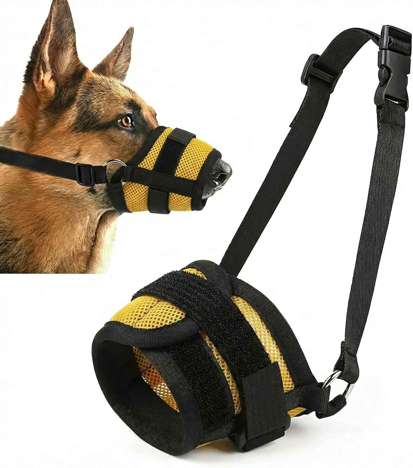 Dog Muzzle,Breathable Allows Panting and Drinking,Adjustable Comfortable Loop Muzzle for Small Medium Large Dogs for Walking Training Grooming Veterinary (Yellow, M for Medium Dogs)