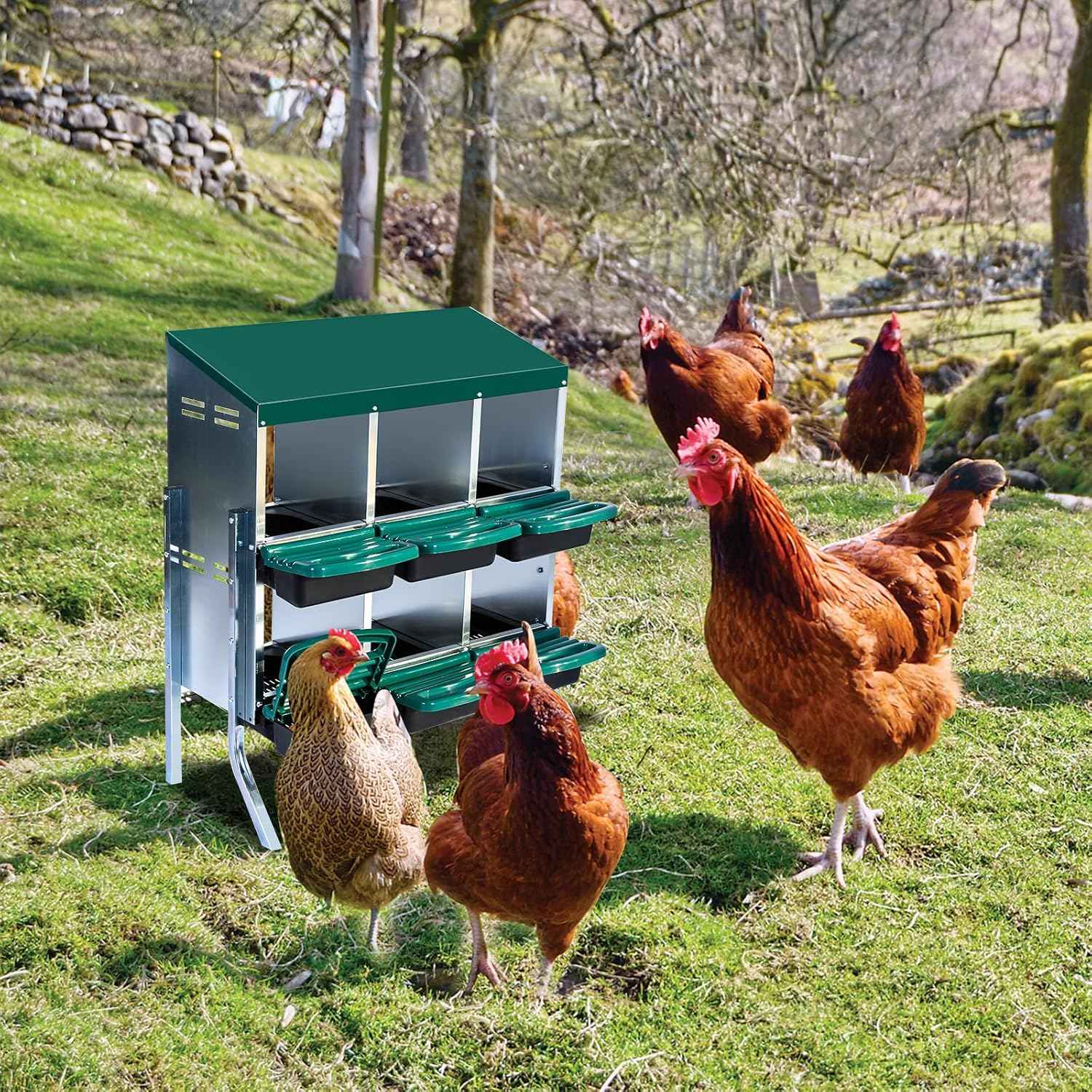 Garvee Chicken Nesting Boxes, 6 Hole Metal Chicken Laying Box with Removable Trays and Roll Out Egg Collection for Chicken Coop, Green, with Metal Legs