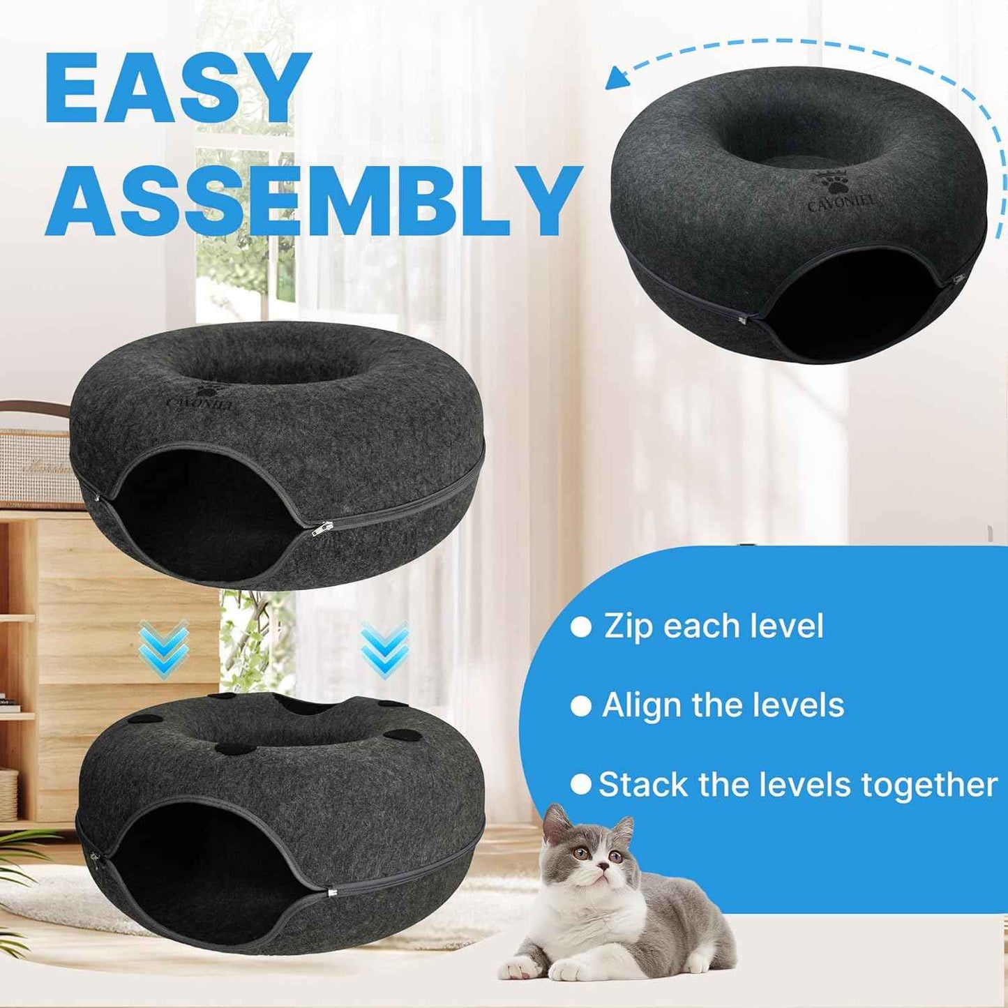 2-Level Detachable Large Cat Tunnel Bed for Indoor Cats, Scratch-Resistant Felt Donut Cat Cave, Supports Up to 30 lbs, Peekaboo Cat Tube (Dark Grey, L 24 x 24 x 22 in)