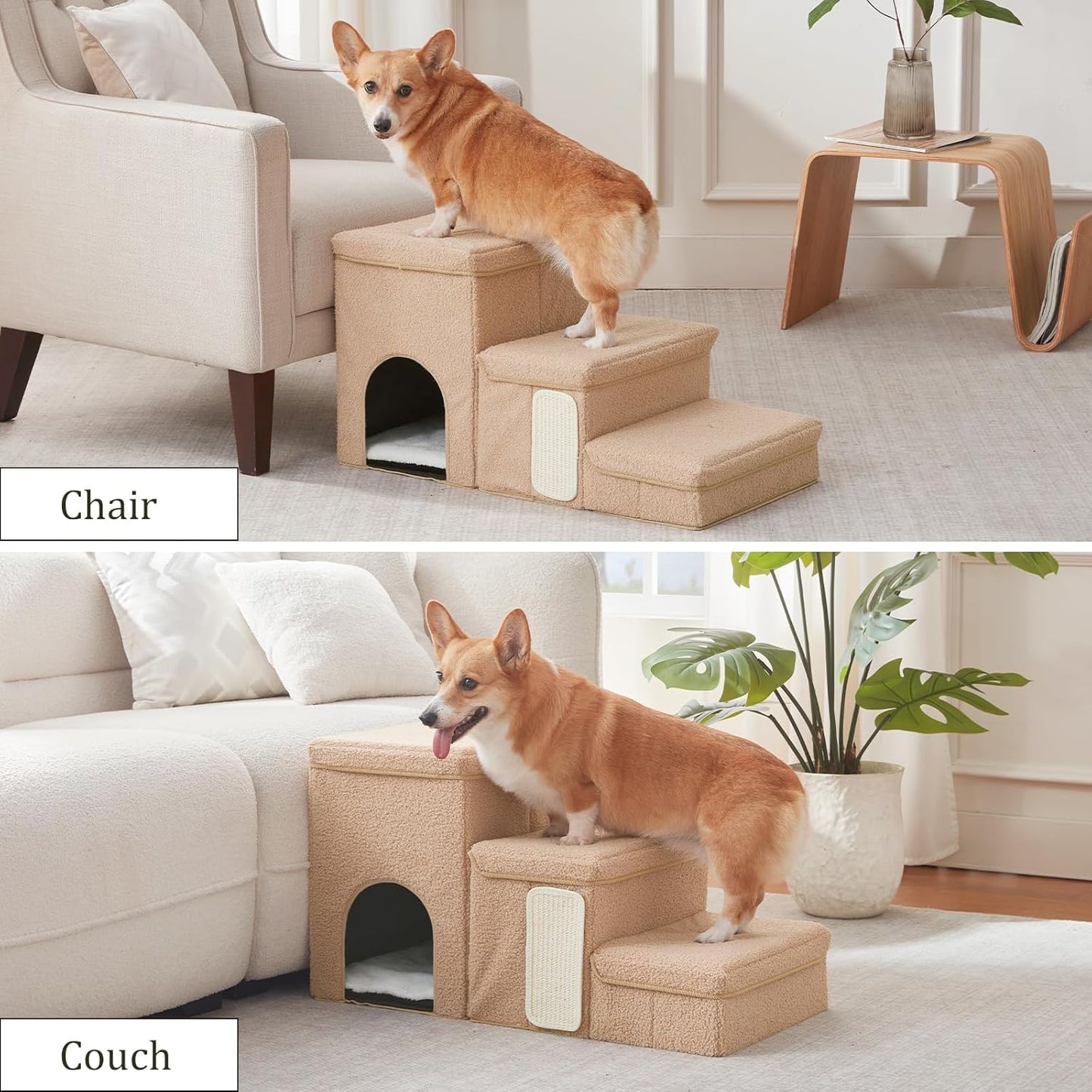 Dog Stairs with Storage and Condo,Cat Scratcher, 3-Step Sturdy Dog Steps for Small Medium or Large Older Dogs Cats, Folding Pet Stairs Climbing Sofas, high beds, Windows and Cars (Beige,16.7'' H)