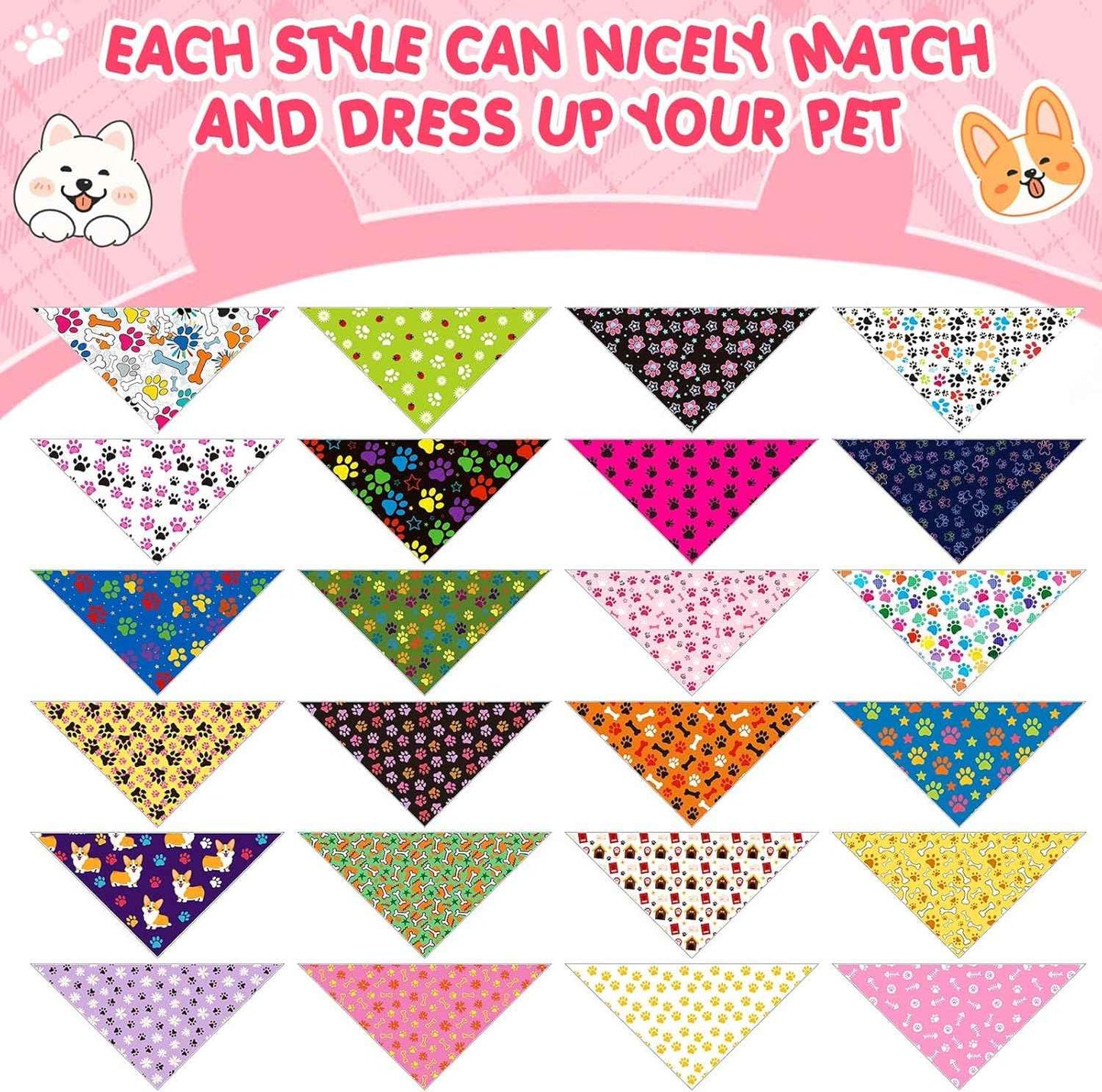 Hillban 72 Pcs Paw Dog Bandanas Bulk, Colorful Triangle Scarf Paw Pattern Pet Scarf Soft Cute Dogs Triangle Scarves Bone Dog Bandana Bibs for Pet Party Costume Photo Props, Small and Medium Pets