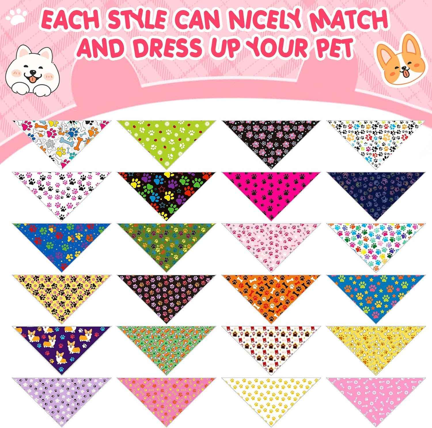Hillban 72 Pcs Paw Dog Bandanas Bulk, Colorful Triangle Scarf Paw Pattern Pet Scarf Soft Cute Dogs Triangle Scarves Bone Dog Bandana Bibs for Pet Party Costume Photo Props, Small and Medium Pets
