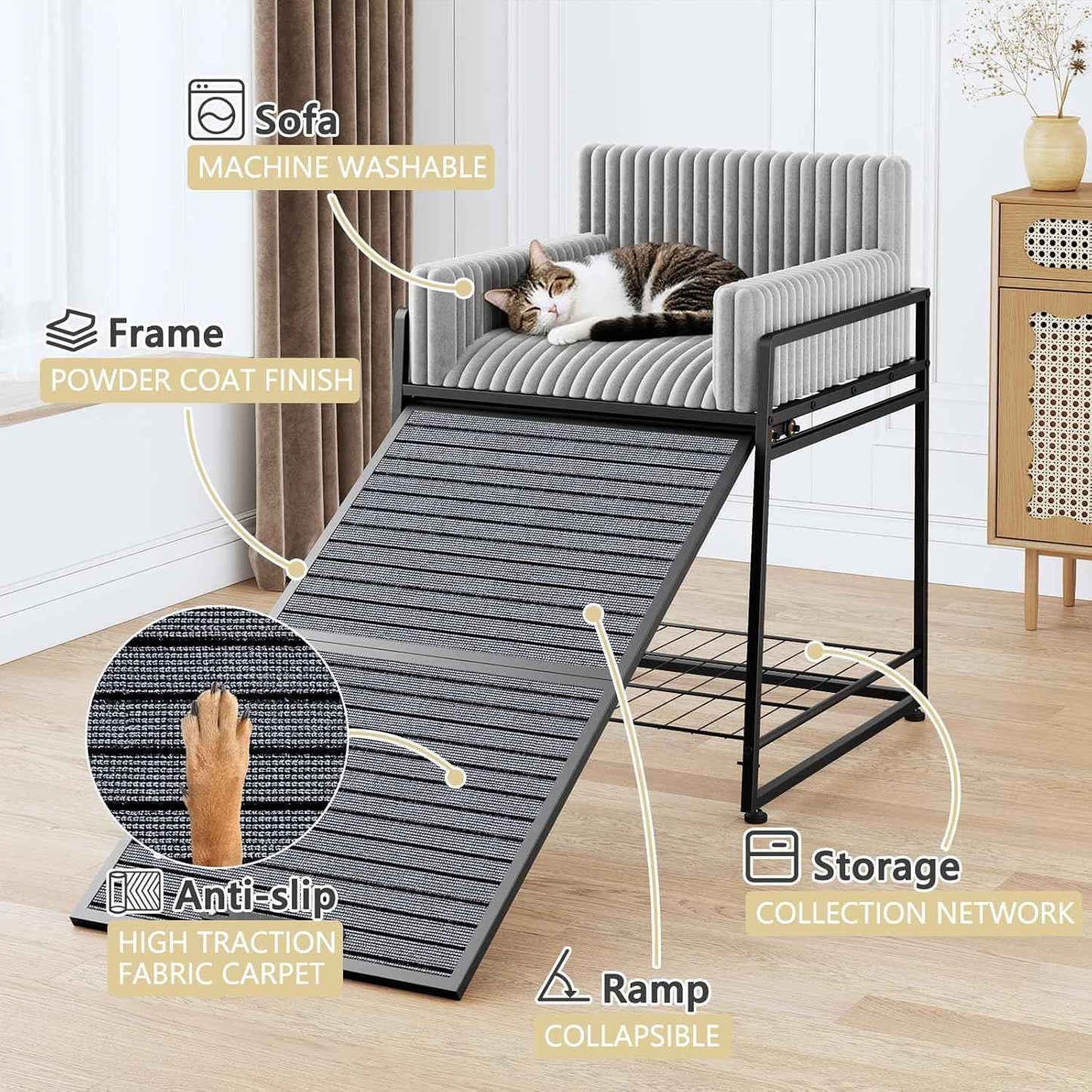 Pet Stairs Ramp with Seat,Dog Window Perch with Stairs and Storage,Dog Seat with Ramp Steps,Folding Pet Ramp for Dogs Cats,Bunk Bed Chair with Sofa Cushion for Bed Couch Office,Hold Up to 110 lbs