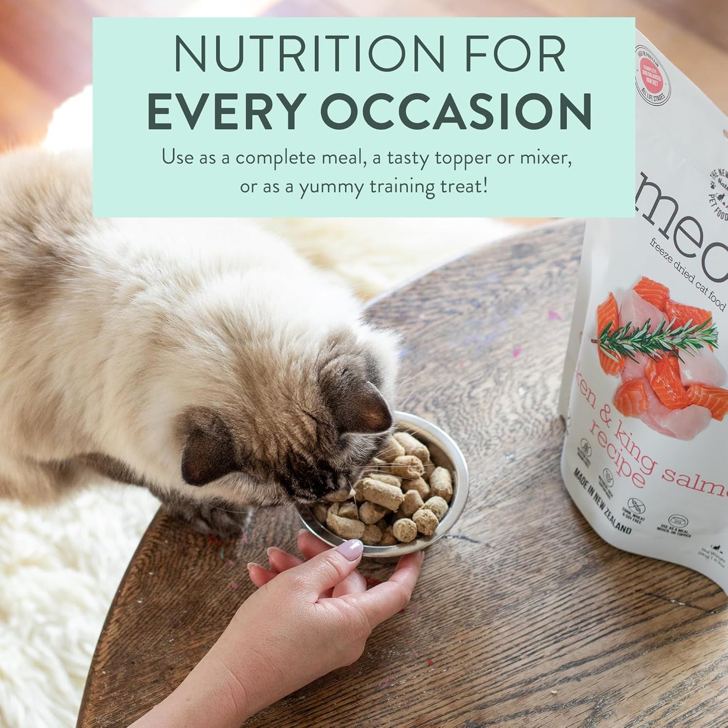 Meow Chicken & King Salmon Freeze Dried Raw Cat Food, Mixer, or Topper, or Treat - High Protein, Natural, Limited Ingredient Recipe 9.9 oz