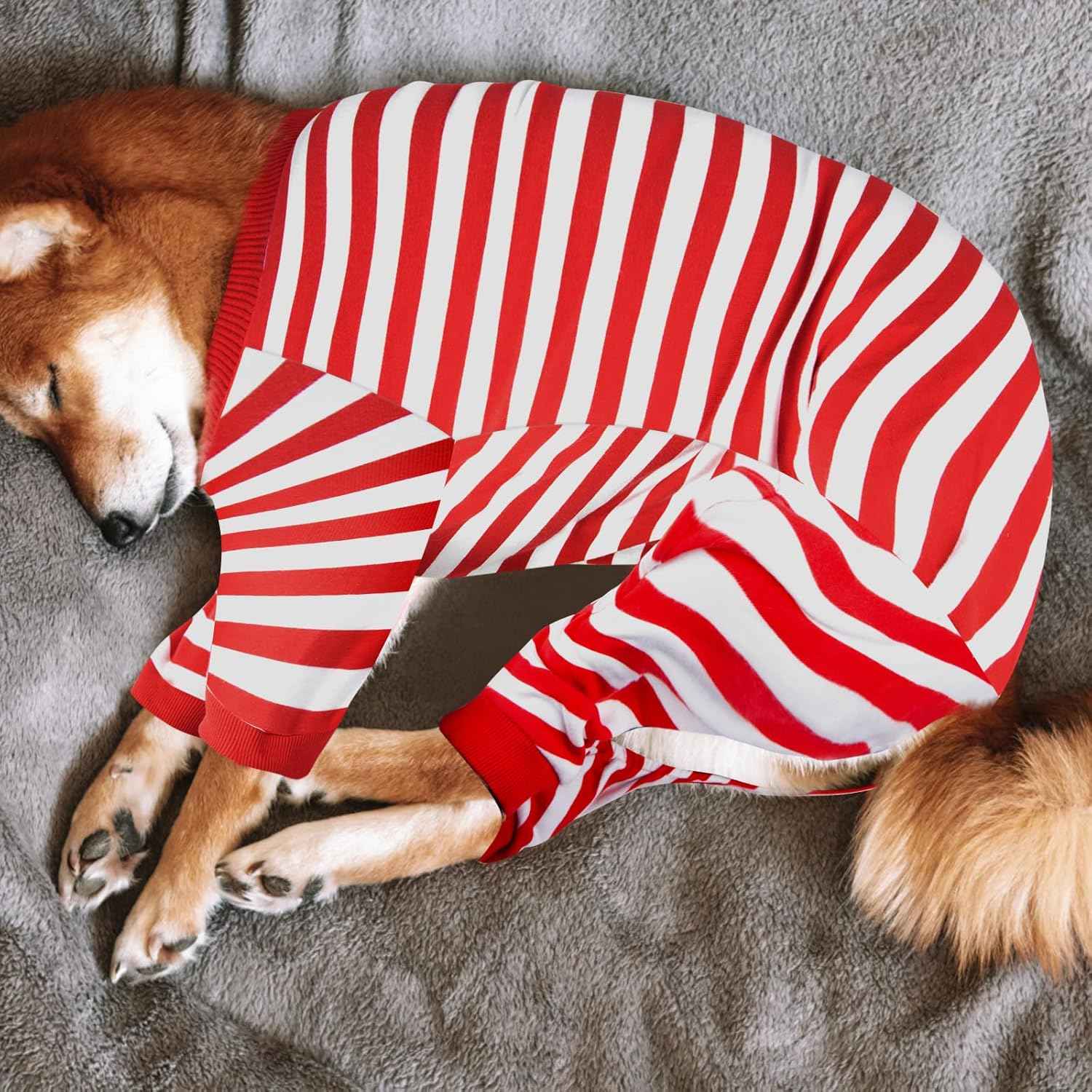 Dog Pajamas, Christmas Onesie PJS for Dog Boy Girl, Doggie Jumpsuit, Puppy Christmas Clothes for Pitbull Bulldog, Red and White Striped, M