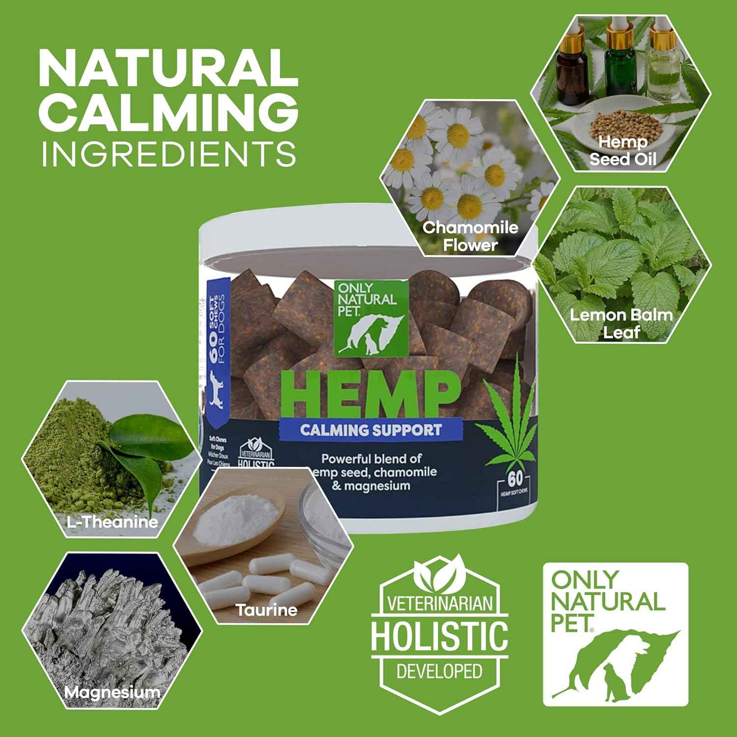 Only Natural Pet - Natural Hemp Soft Chew Bites for Dog Stress & Anxiety Relief - L-Theanine, Chamomile & Lemon Balm - Calming Chews for Dogs - 60 Count