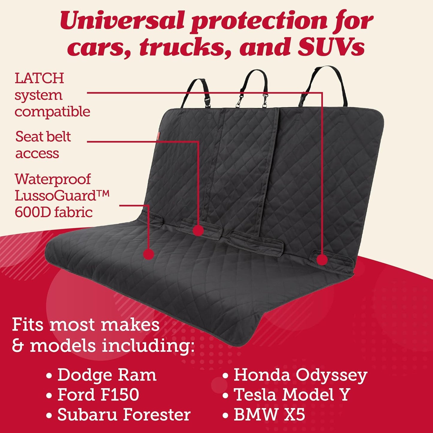 Lusso Gear Dog Car Seat Cover for Back Seat - 100% Waterproof - Full Protection from Mud, Scratches, Shedding - Non-Slip Rear Seat Protector for Dogs - Secure Fit for Car, Truck, SUV (Black)
