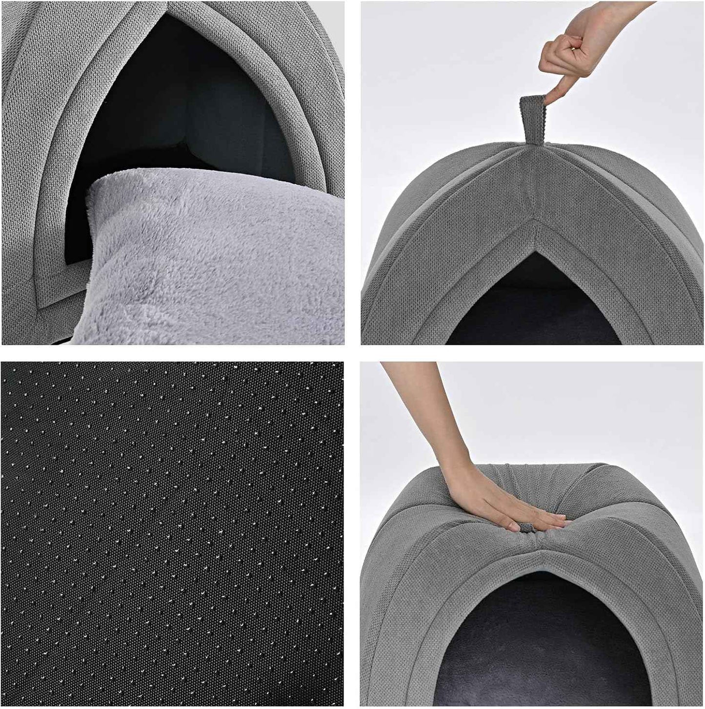 Amazon Basics Cat Cave Bed, 2-in-1 Foldable House for Indoor Cats, with Washable Cushion and Non-Slip Base, 17.5 x 17.5 Inches, Large, LightGray