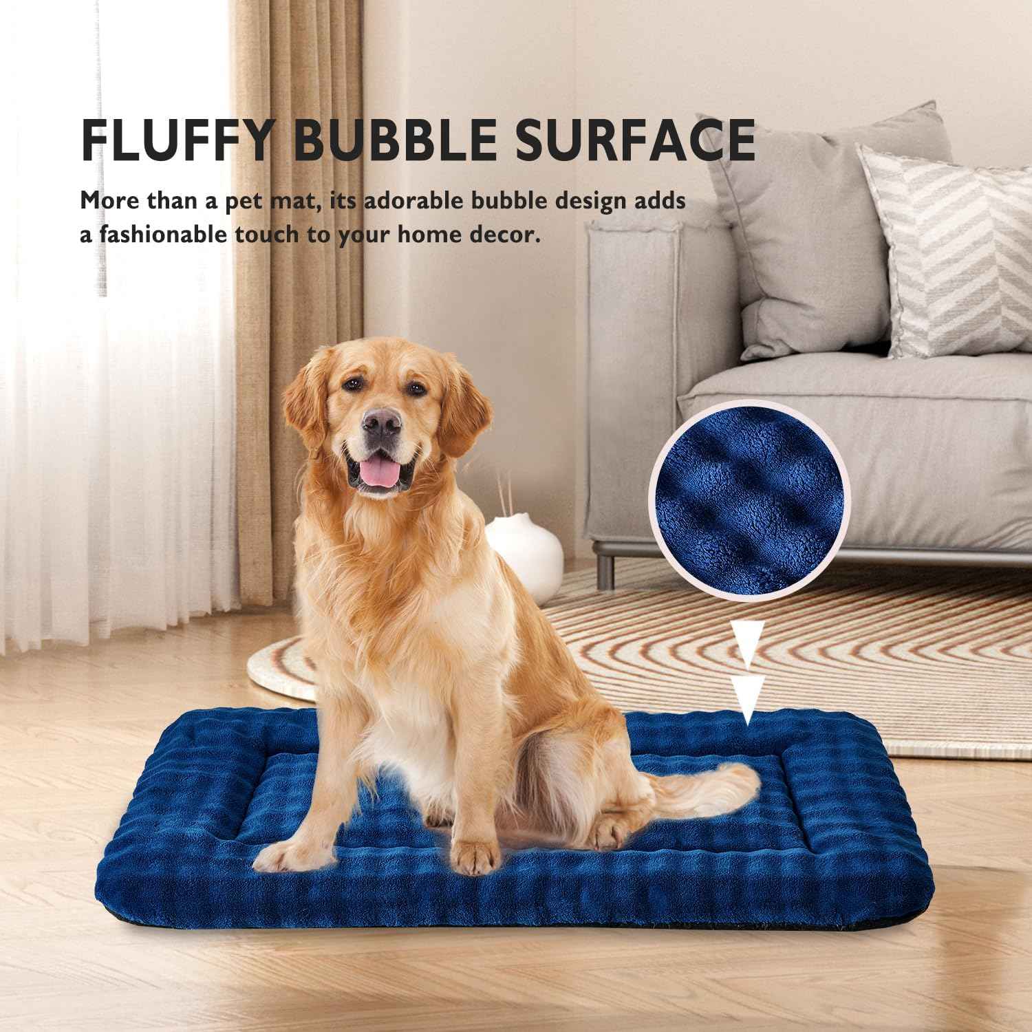 Dog Bed Mat Crate Pad for Large Dogs, Washable Soft Pet Sleeping Mat Kennel Pad with 3D Bubble Pattern, Navy Blue, 42"x 28"