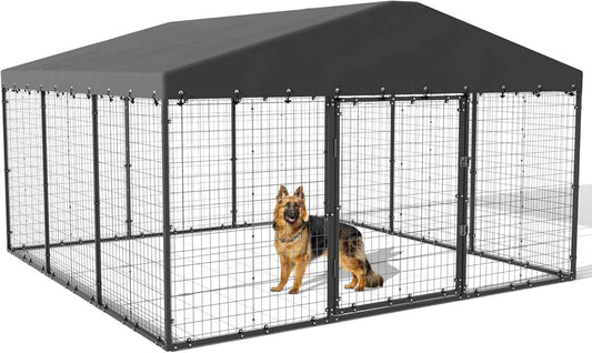 Kullavik 10x10x6 FT Large Outdoor Dog Kennel,Anti-Rust Galvanized Steel Dog Pen with Double Locks,Heavy Duty Dog Enclosure Fence with UV & Water Resistant Roof Cover for Outside
