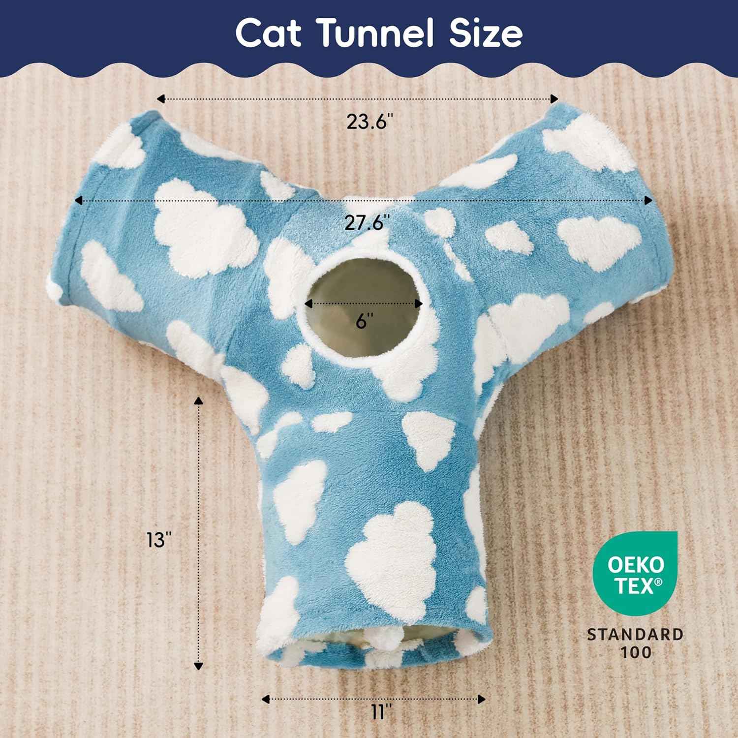 Tempcore Cat Tunnels for Indoor Cats, Cat Tube Toys 3 Way Collapsible, Pet Play Tunnel with Peek Hole Toy Ball for Kitty, Kitten, Rabbit, Blue Cloud