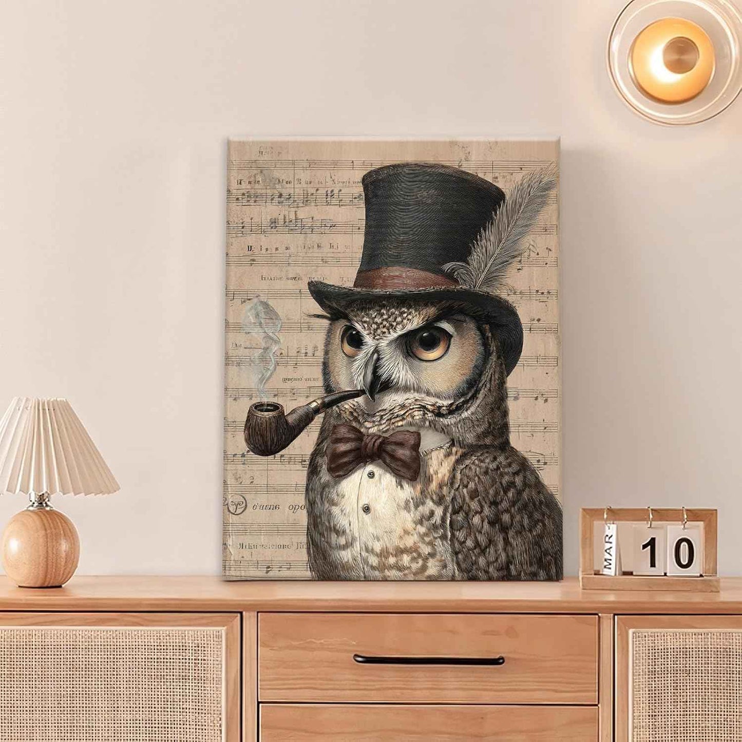 Owl Pictures Wall Art, Steampunk Owl Canvas Wall Decor, Rustic Framed Painting, Natural Landscape Artwork for Bathroom Living Room Bedroom 16L'' × 12W''