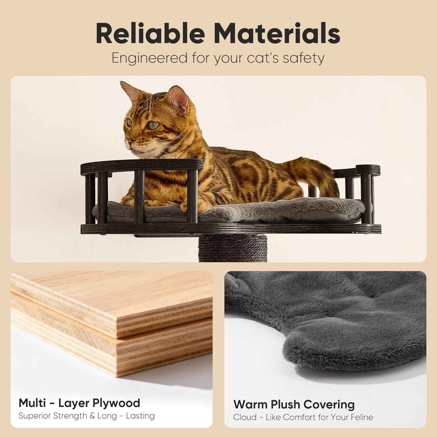 FUKUMARU Cat Wall Shelves, 4 in 1 Stable Wooden Wall-Mounted Furniture Set, Climbing Tree with Hammock, Bed, Perch and Scratching Mat (Black)
