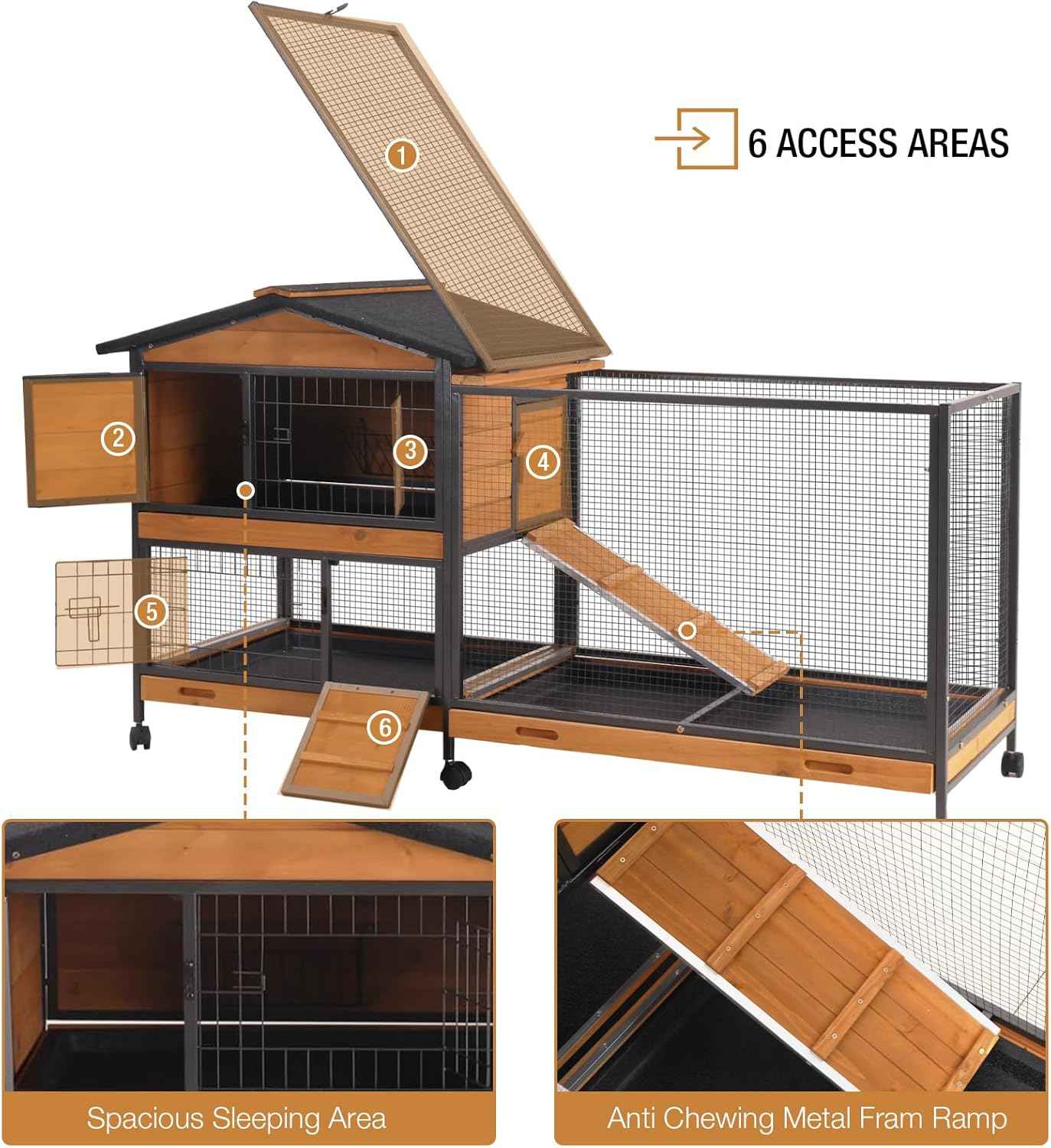 Rabbit Hutch Bunny Cage Indoor, Rabbit Cages on Wheel Guinea Pig Cage with 3 Trays- Upgraded Metal Frame