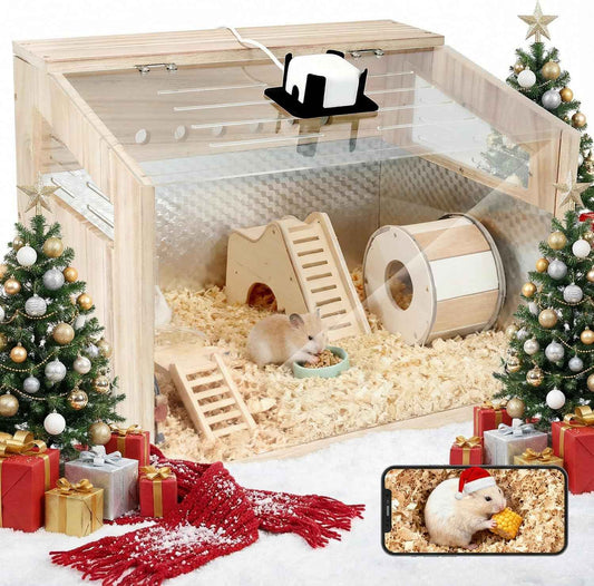 Hamster Cage with camera - 2.5K 5G Hamster camera for Chewproof Guinea Pig Cage Clear Small Animal cage with Open top Hamster Habitat Wooden mouse cage with Acrylic Panel 15.7*12*12 IN