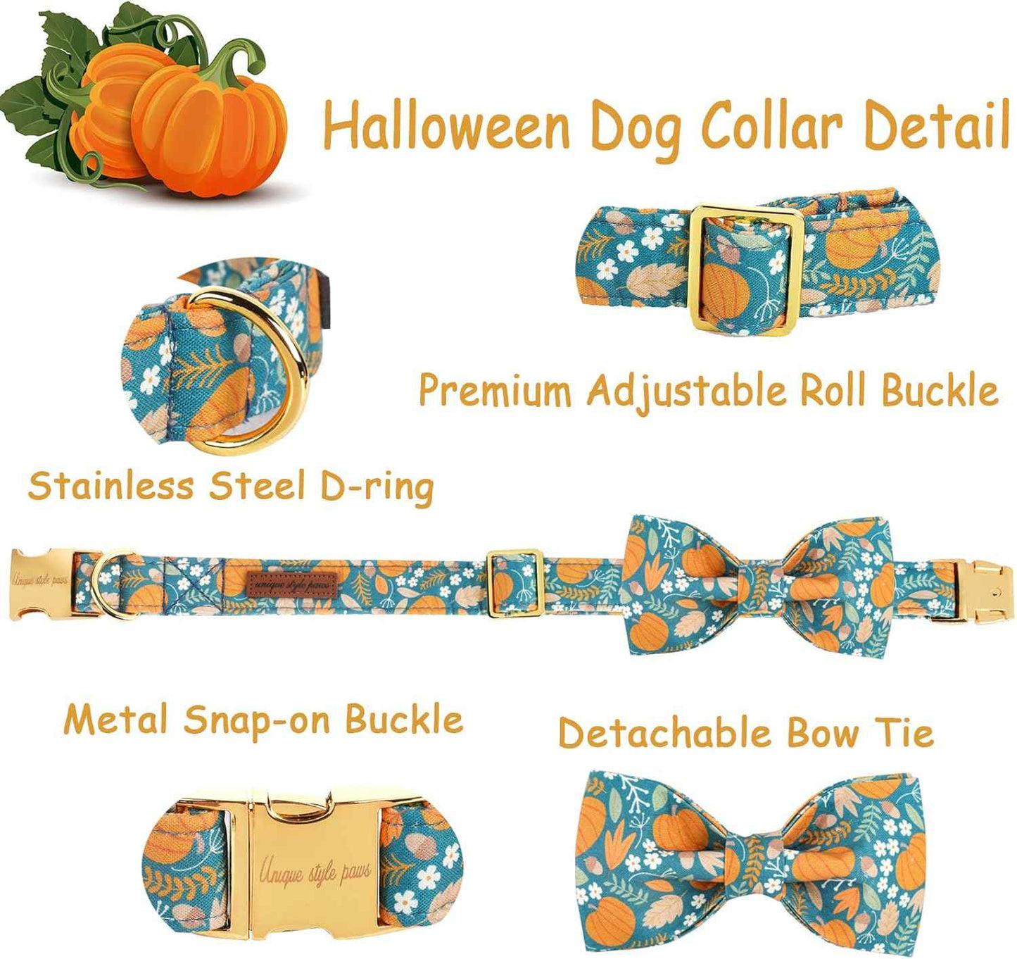 Unique style paws Halloween Dog Collar with Bow Tie Pumpkin Cotton Collar Adjustable Puppy Collar for Small Medium Large Dogs-XL