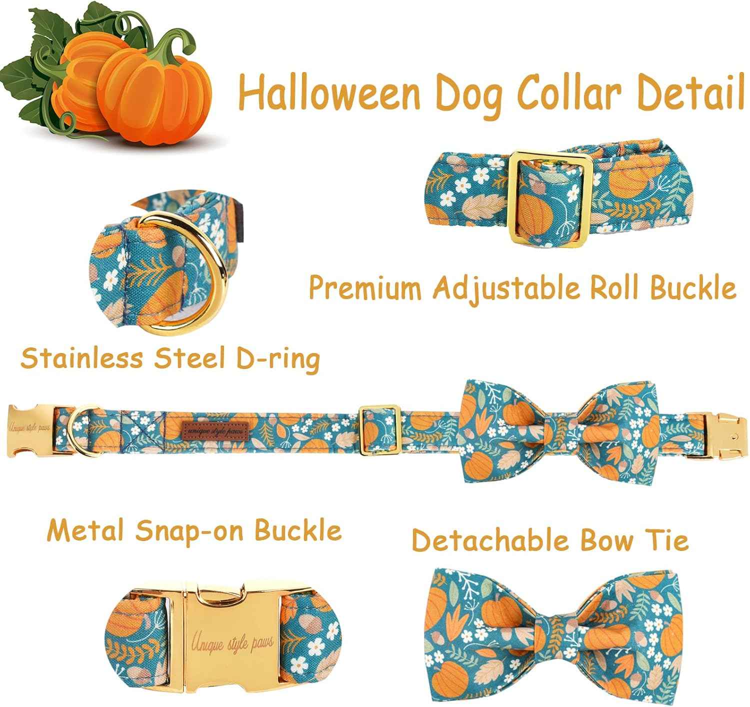 Unique style paws Halloween Dog Collar with Bow Tie Pumpkin Cotton Collar Adjustable Puppy Collar for Small Medium Large Dogs-XL