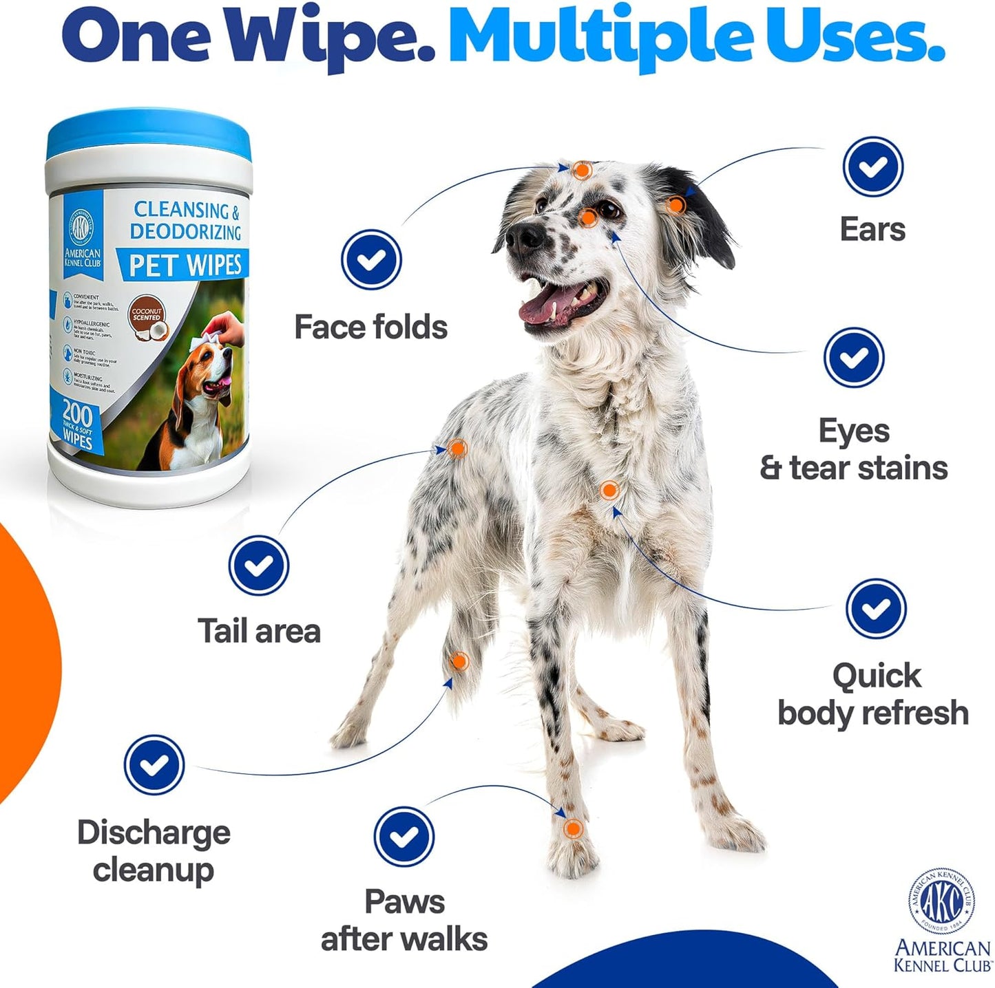AKC - Pet Wipes for Dogs & Cats | Hypoallergenic Grooming Wipes | Chemical-Free Cleaning for Paws, Face, Ears & Coat | Gentle Moist Wipes for Daily Pet Hygiene & Quick Freshening | 200 Count